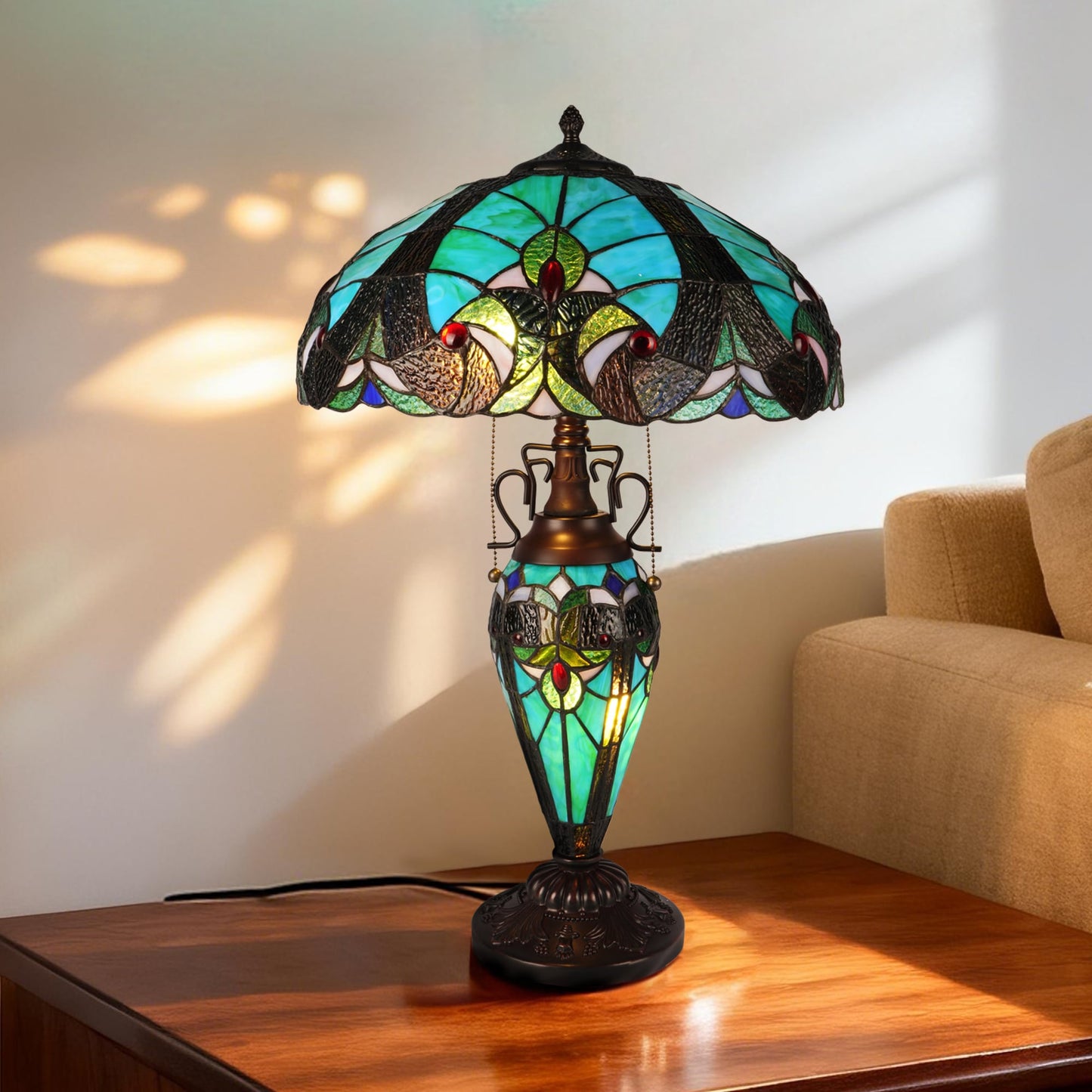 EFPERFECT Tiffany-Style Traditional Table Lamp - 24-inch Bronze Finish with Stained Glass-Resin Shade 3-Color Dimmable LED (Bulb Included)