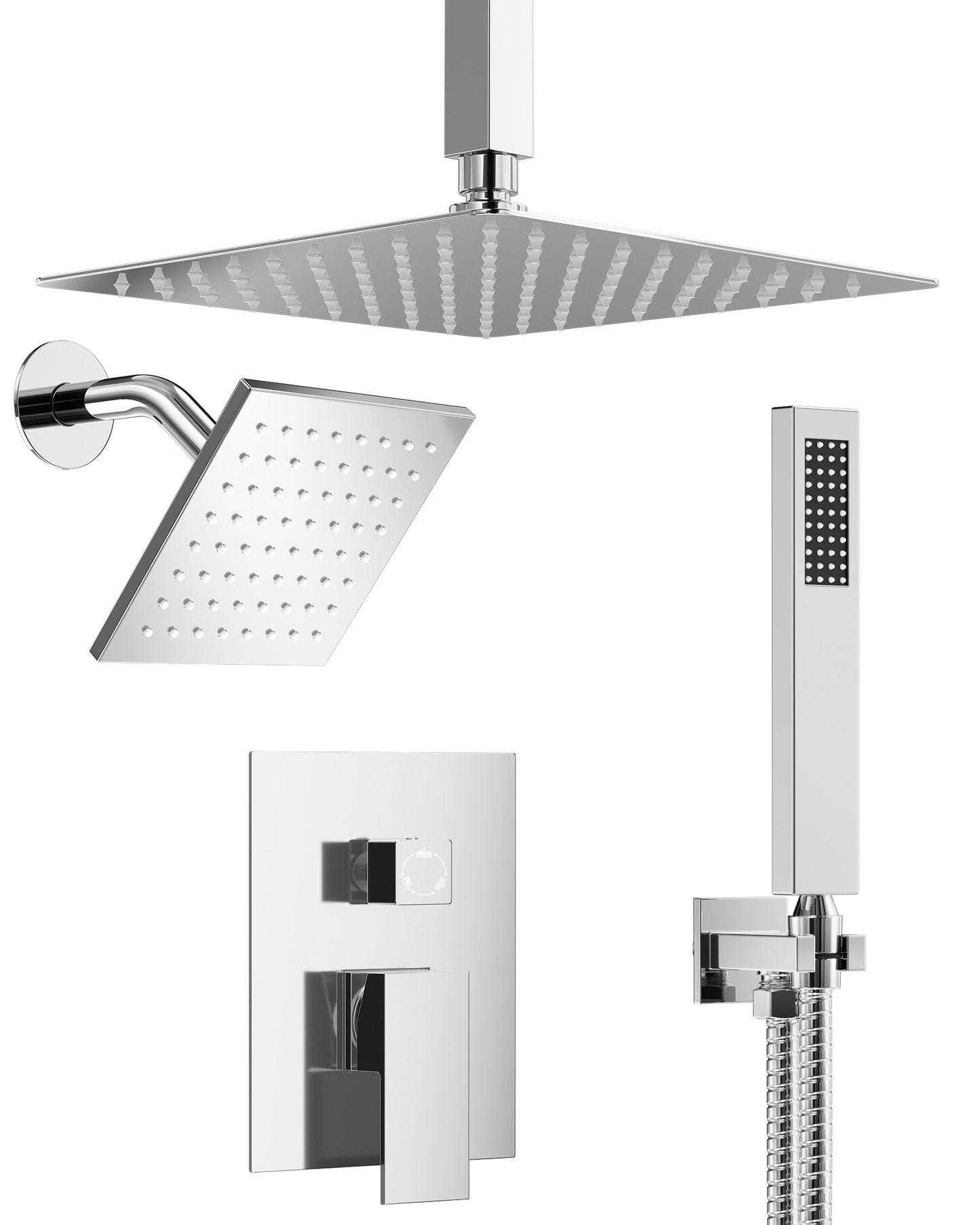 GRANDJOY Three Function Wall Mounted Rain Shower System with 10 Inch and 6 Inch Shower Heads Handheld Pressure Balanced Valve Chrome