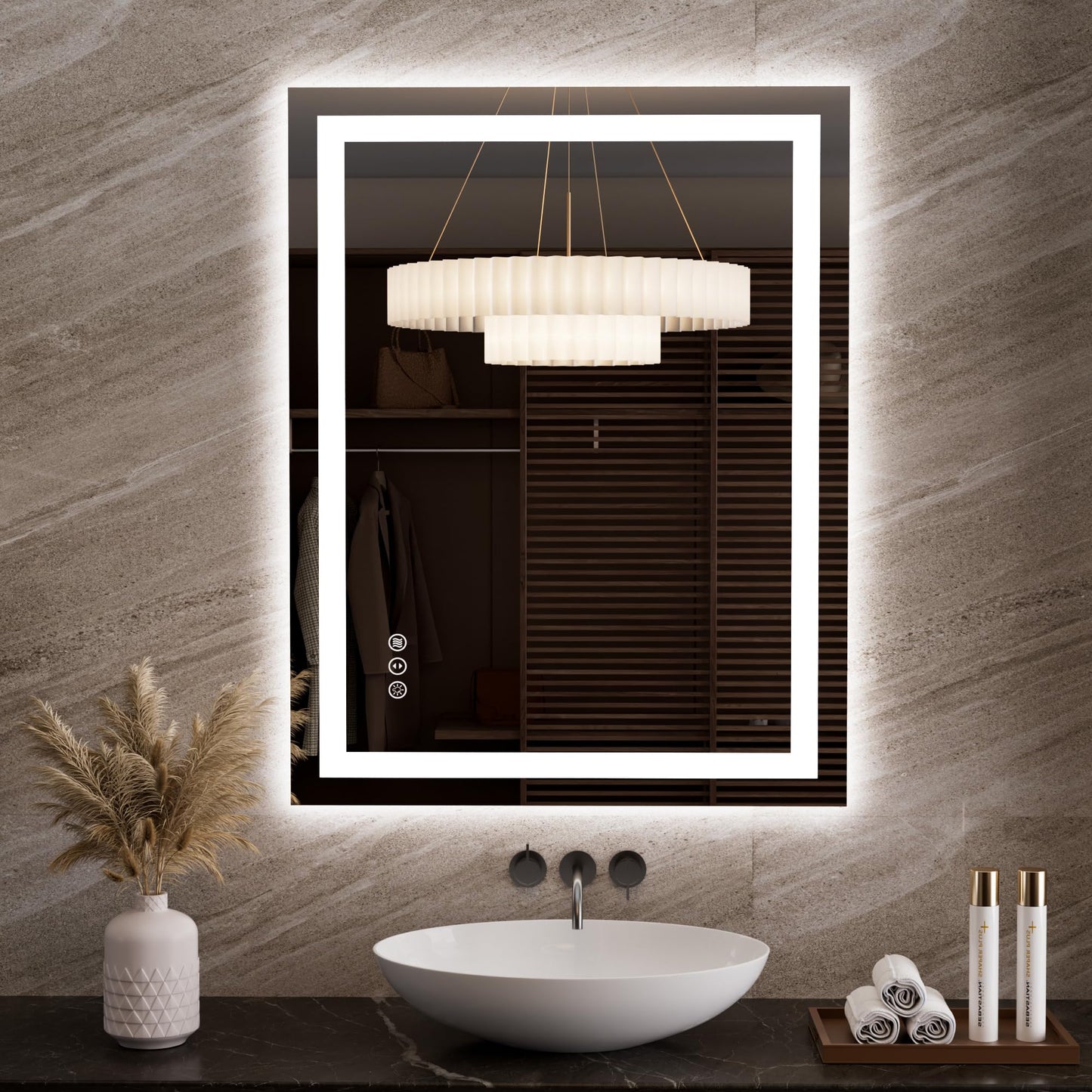 Blisstyle Tempered Glass Backlit Frontlit 36-in x 28-in Polished Frameless Rectangle Dimmable LED Lighted Fog Free Bathroom Vanity Mirror ( Clear )