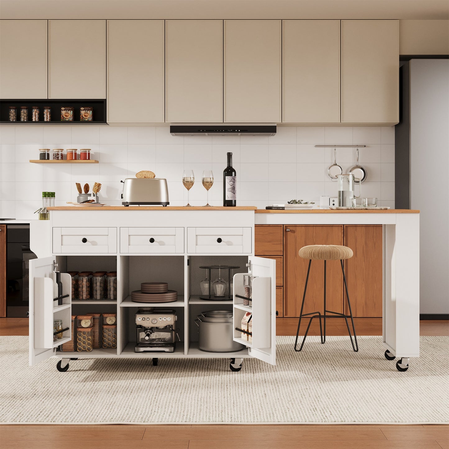 BABOOM White MDF Base with MDF Rolling Kitchen Island ( 19.7-in x 85.5-in x 36.2-in )