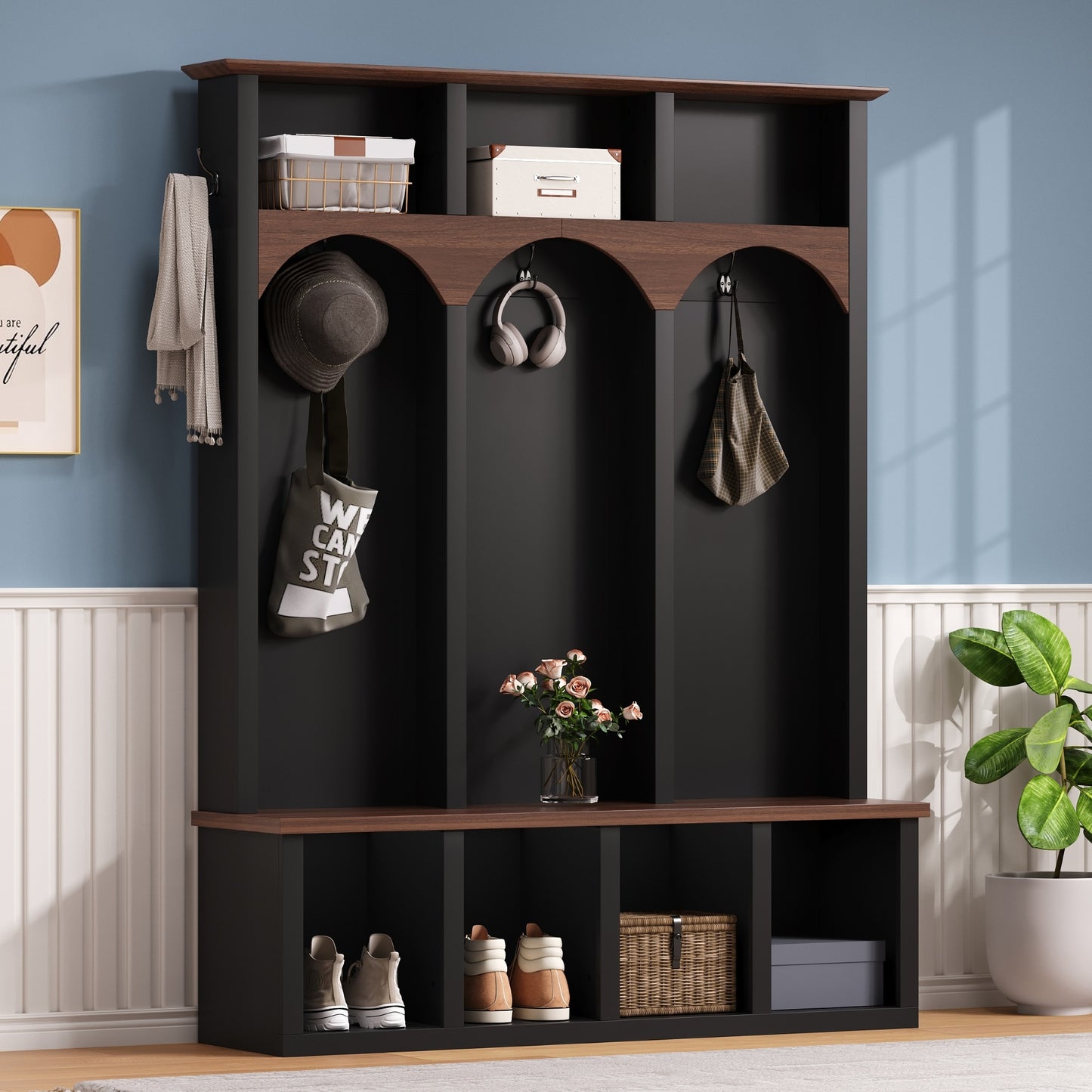 LOVMOR Farmhouse Wooden Style Hall Tree with Arched Design Practical Entryway Walnut Storage Bench with 5 Black Hooks Minimalist 4-in-1 Hallway Shoe Cabinet with 7 Cubbies Black