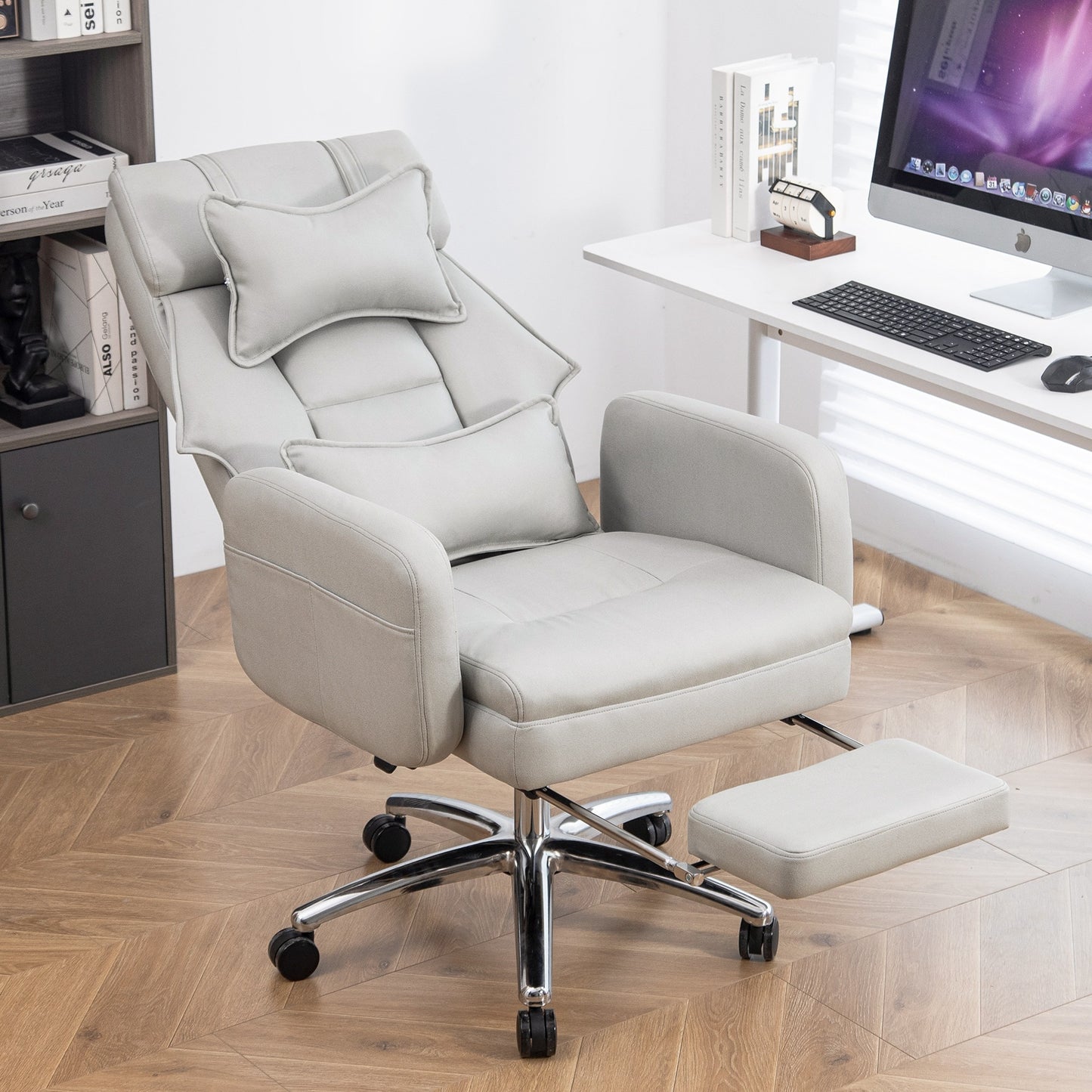 Dexmalle Grey 155 Degrees Reclining Swivel Ergonomic Office Chair with Lumbar Support Headrest