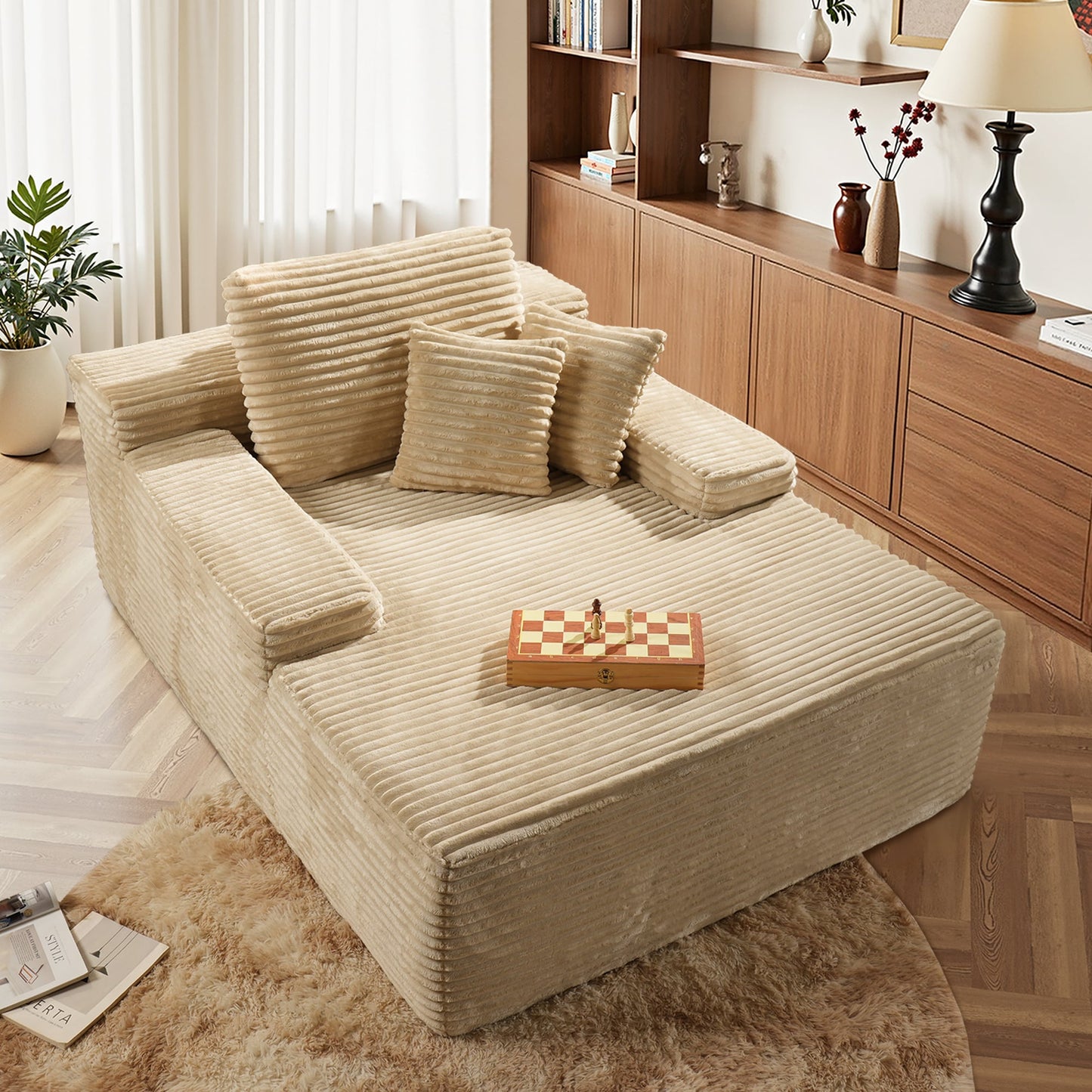 Toject 67'' Chaise Lounge Chair Indoor Oversized Upholstered Sofa Bed Sleeper Couch Reading Chairs Fluffy Plush Faux Fur Cloud Sofas Couches Living Room Beige