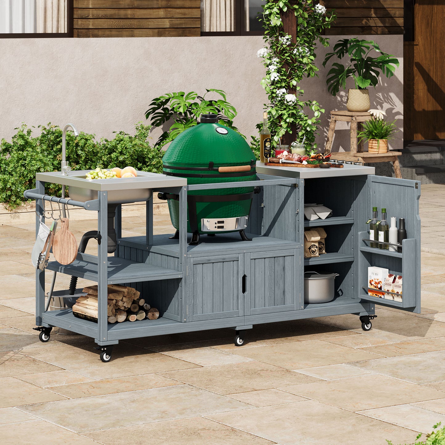 ModernLuxe 75.4inch Outdoor Kitchen Island with Sink Solid Wood Outdoor Grill Cart for Big Green Egg Grills Rolling Outdoor Bar Cart with Stainless Steel Top for Pizza Prep BBQ Grey Blue