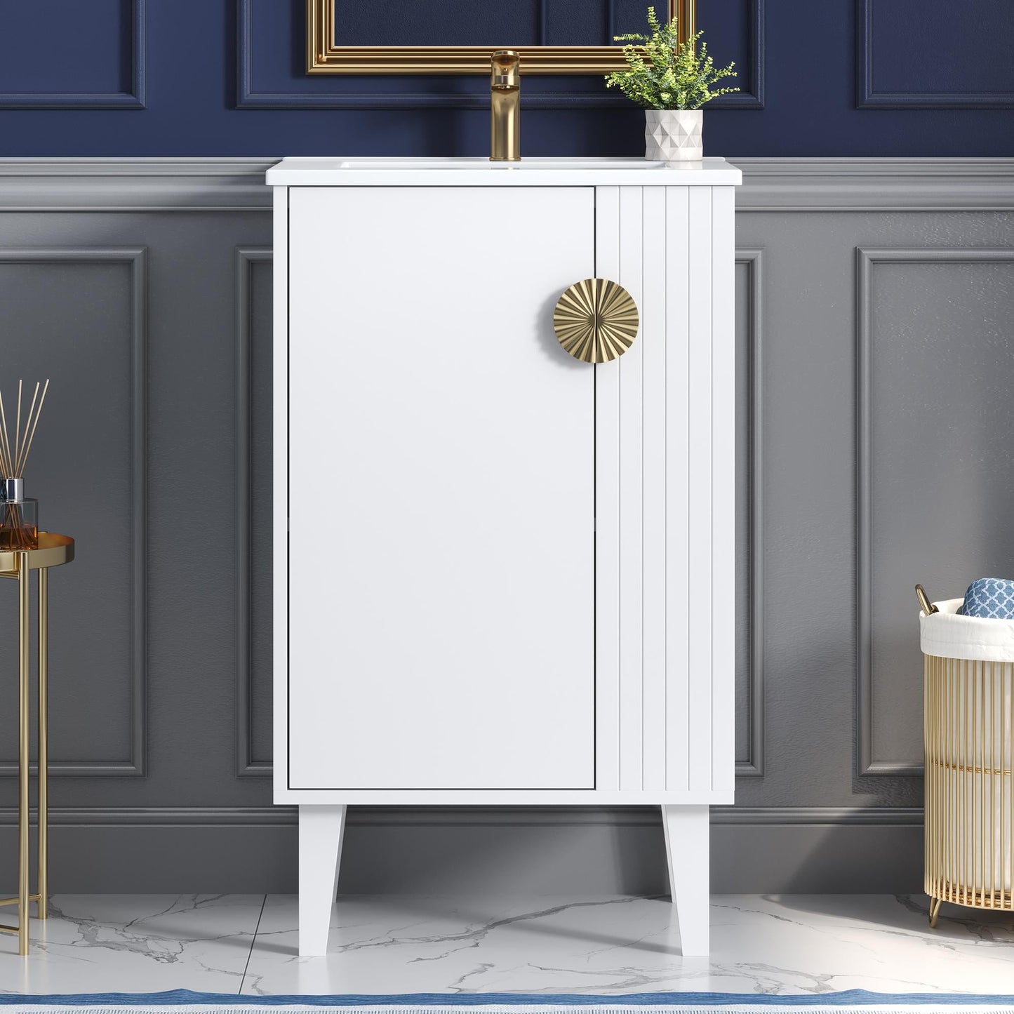 Bayfeve 20-Inch White French Style Bathroom Vanity Cabinet with Ceramic Sink and Soft Closing Door and Chic Half-Moon Pulls
