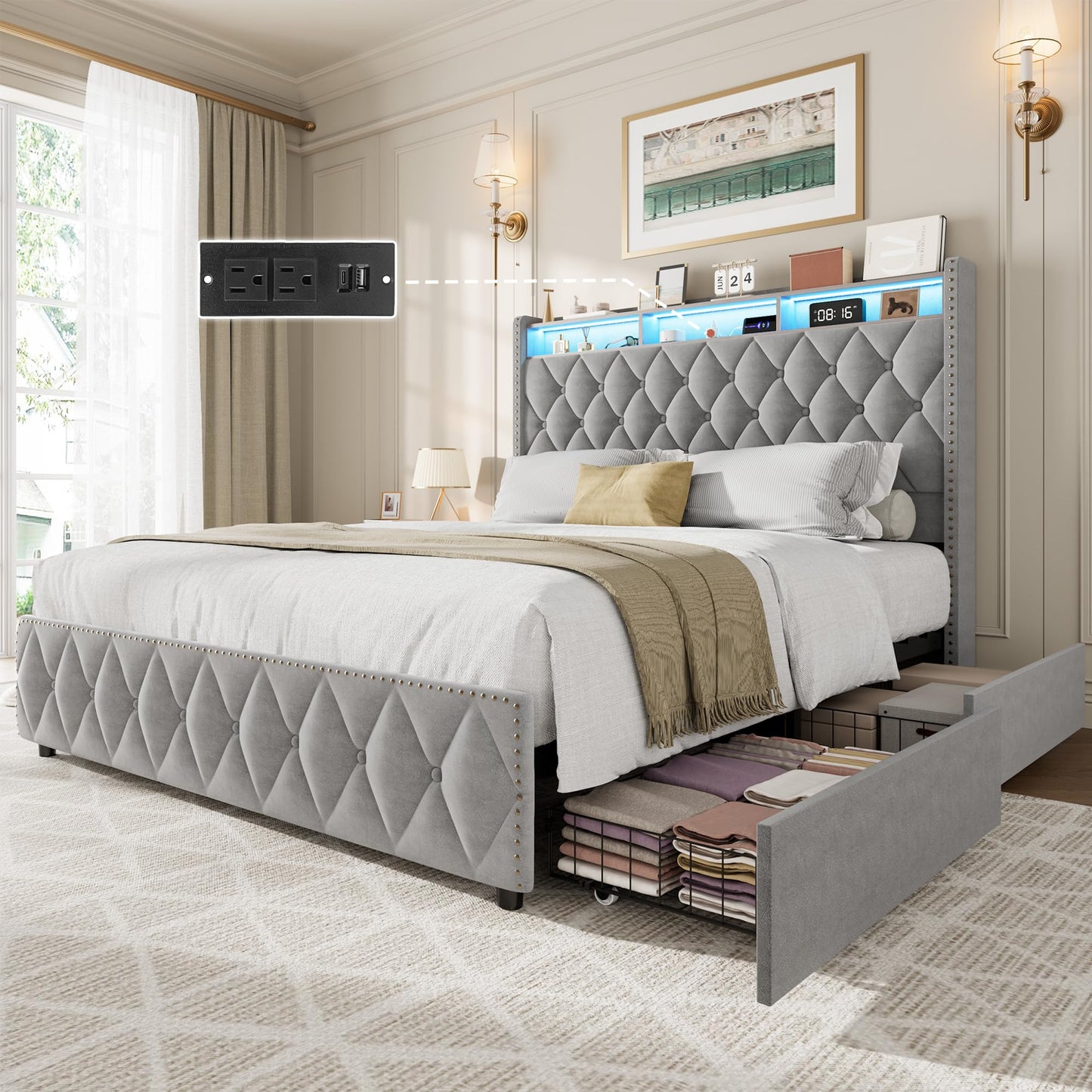 Garvee King Bed Frame with Headboard Platform Leather Upholstered Bed Frame with 4 Storage Drawers USB Charging Station Led Lights No Box Spring Needed Easy Assembly Gray