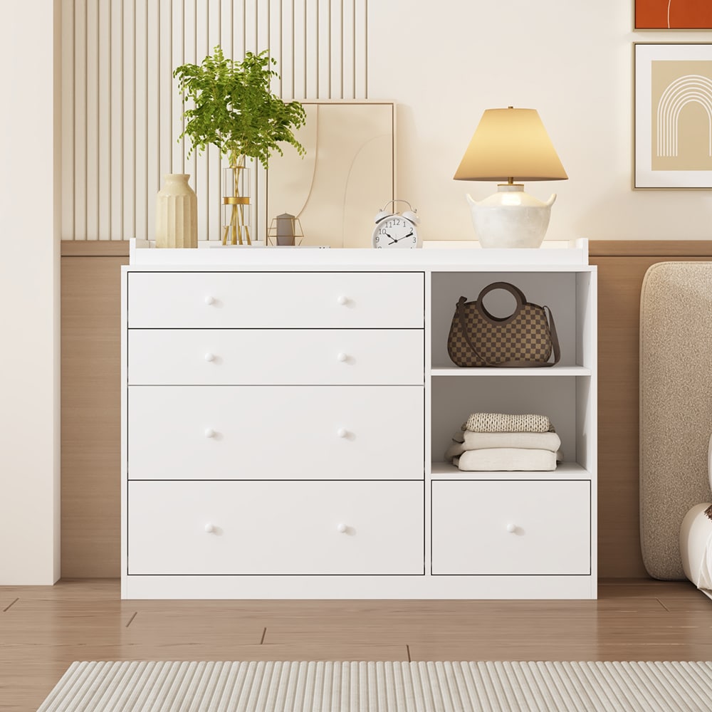 Wooden Baby Changing Table Dresser with 5 Drawers 2 Shelves and 2 Tabletops 47.2''L x 19.5''W x 36.1''H White