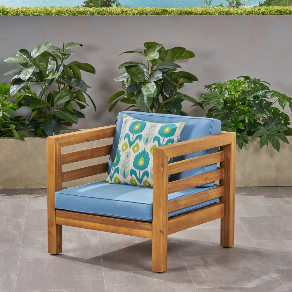 Coolbibila Mid Century Modern Outdoor Wood Club Arm Chair Slat Design Acacia Wood Lounge Chair Patio Blue Cushion Side Chair for Pool Garden