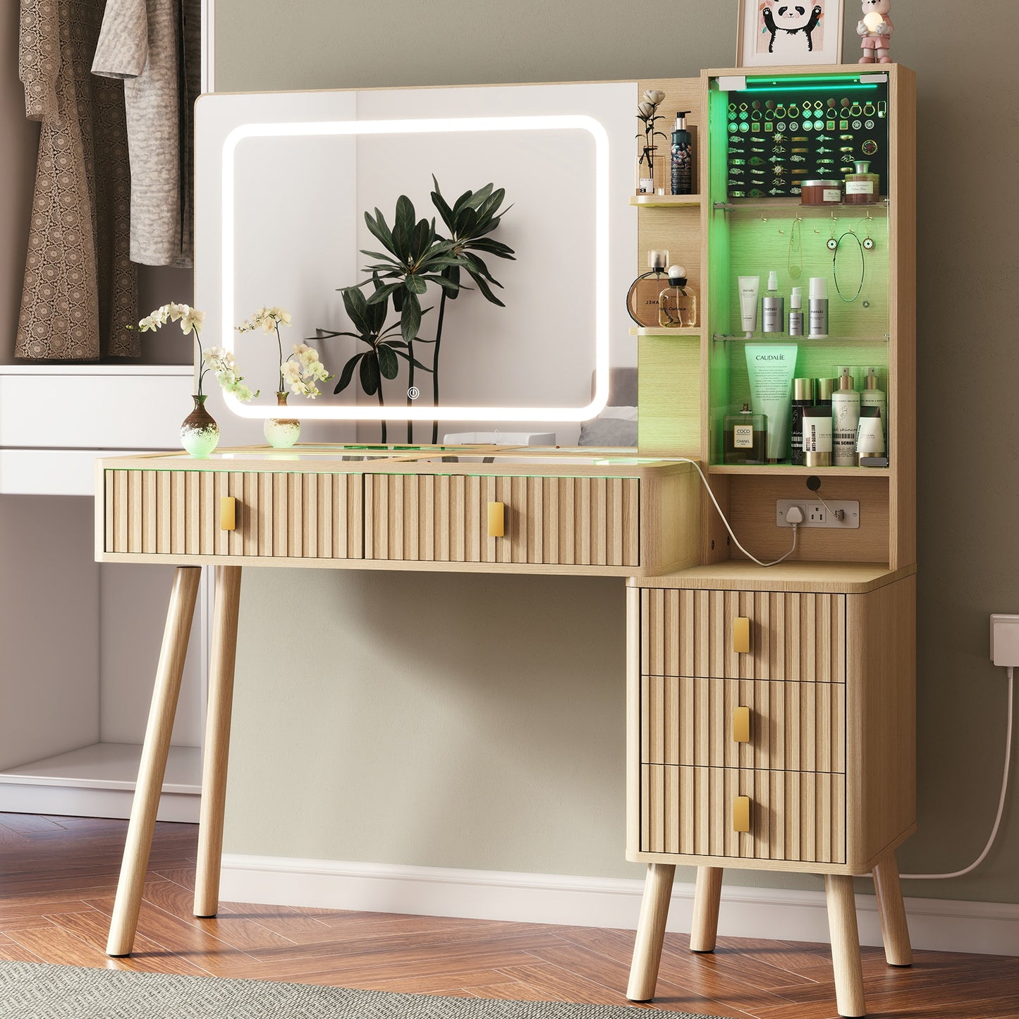 MAXYOYO 48-in Fluted Oak Makeup Vanity with LED Mirror