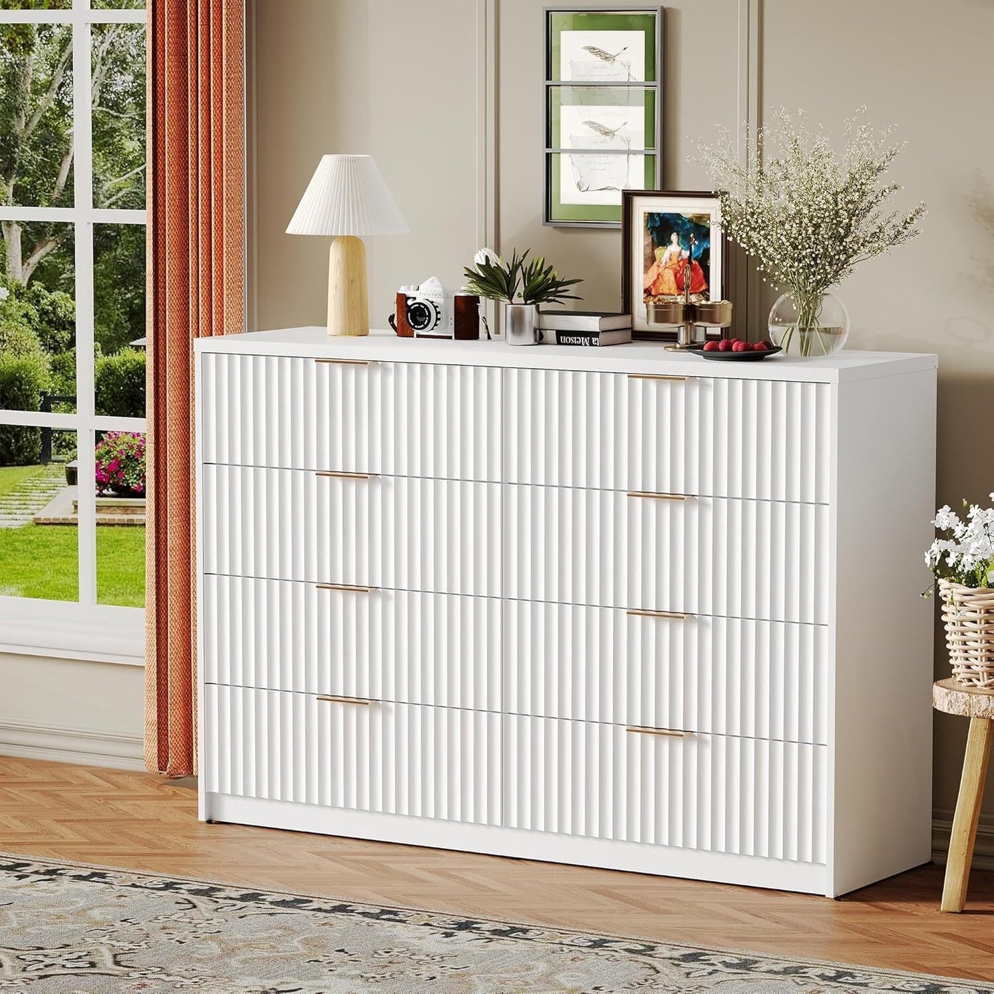 Garvee 8 Drawer Dresser for Bedroom Storage Modern Dressers Chests of Drawers with Fluted Front Versatile Dresser White