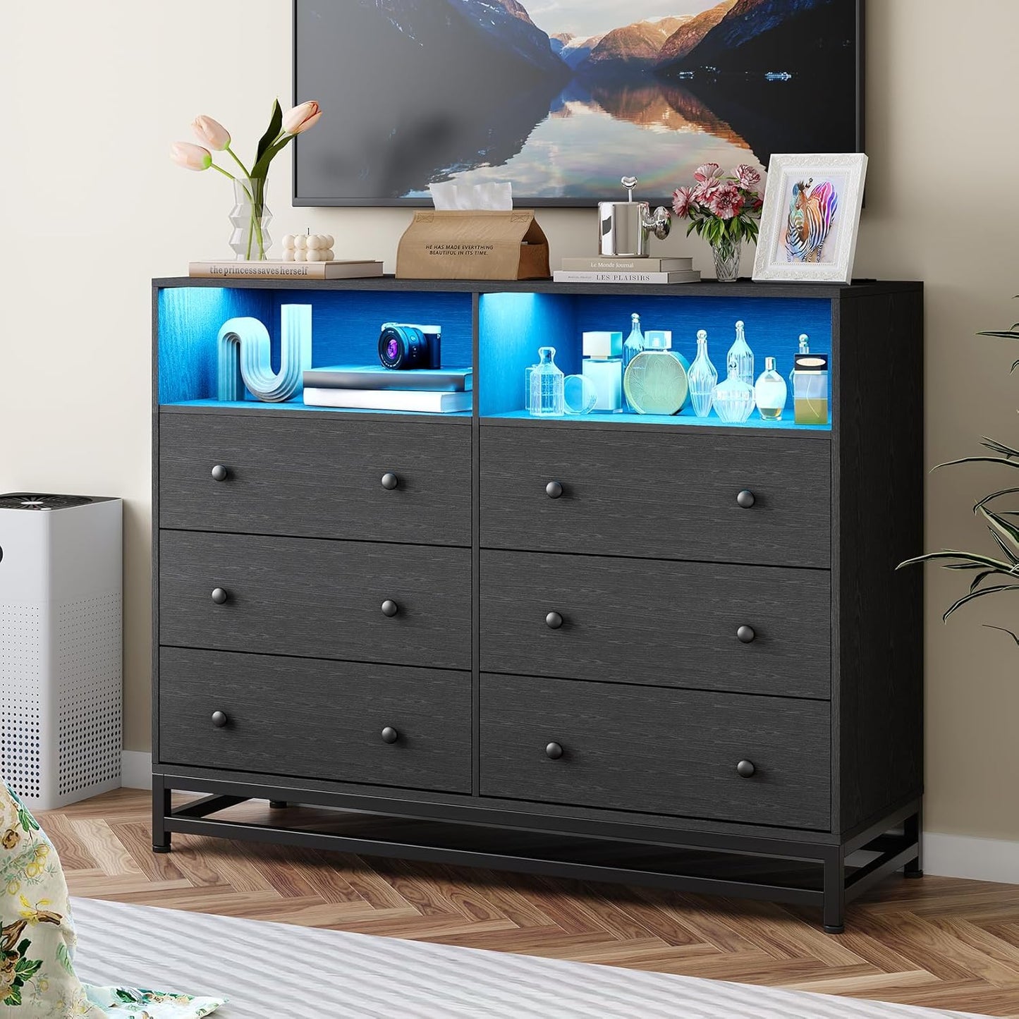 Garvee 6 Drawers Wooden Dresser with Charging Station and LED Lights Wide Chest of Drawers Dresser Black