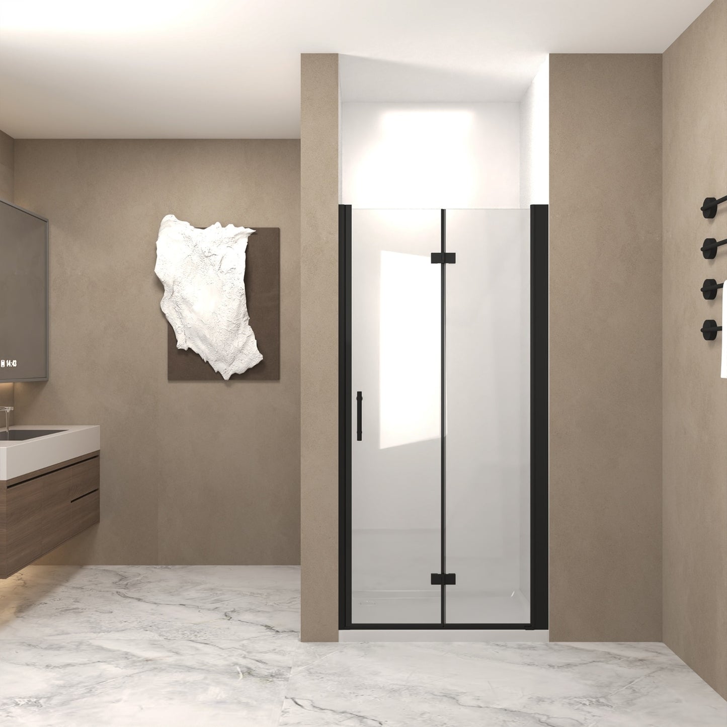 REIBII 33-32inx72in Bifold Tempered Glass Shower Door 1/4in(6mm) Glass Matte Black Aluminum Frame with Explosion Proof Film​