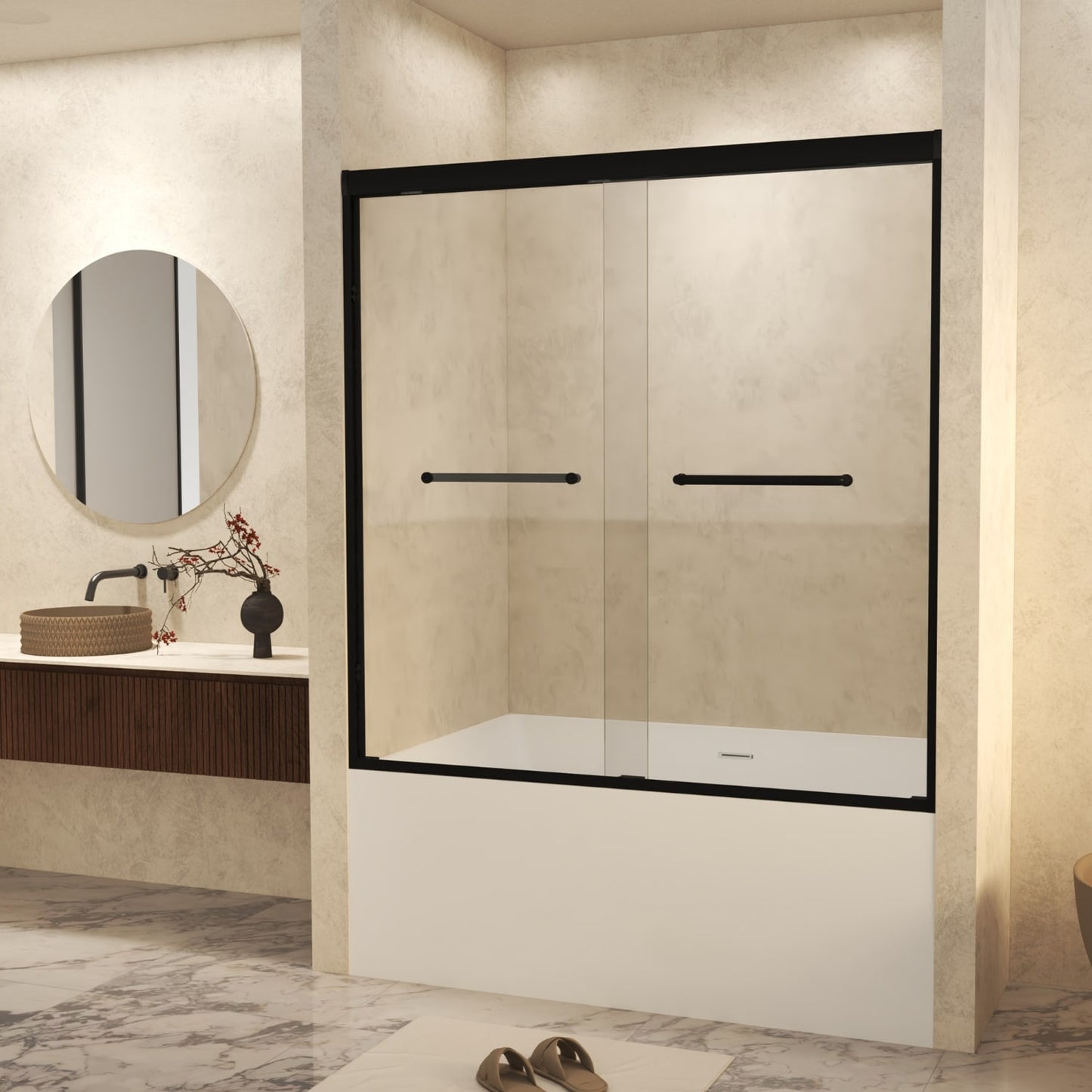 REIBII Matte Black 56-60inW×60inH Double Sliding Tub Shower Door 6mm Tempered Glass Aluminum Frame Stainless Steel Handle