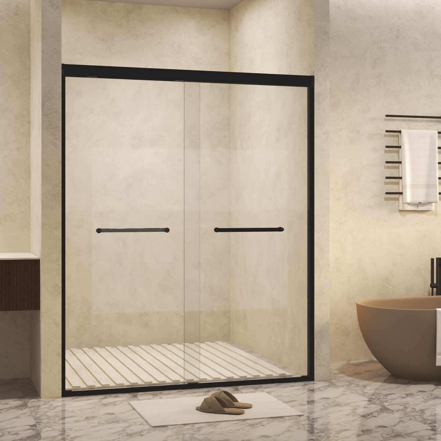 REIBII 56-60in x 72in Matte Black Double Sliding Shower Doors 6mm Tempered Glass with Film Aluminum Frame Stainless Steel Handle​