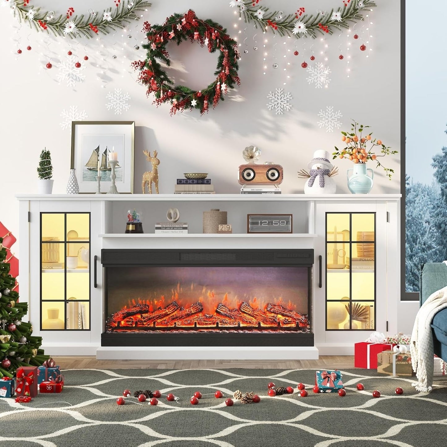 Qeetex 75 Inch TV Stand Electric Fireplace Fits TVs up to 85Inch LED Lights Glass Door Storage White