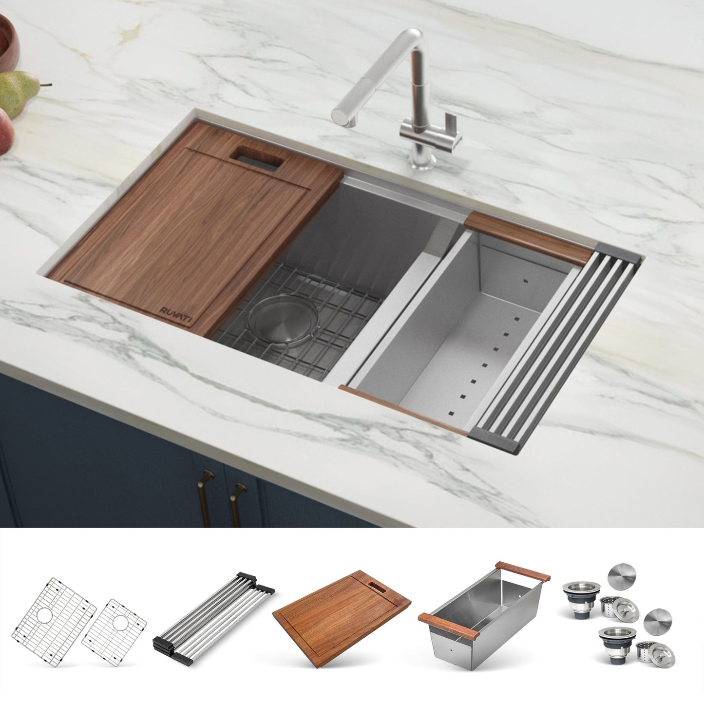 Ruvati Roma Undermount 36-in x 19-in Stainless steel Double offset bowl 16 -Gauge Workstation Kitchen Sink