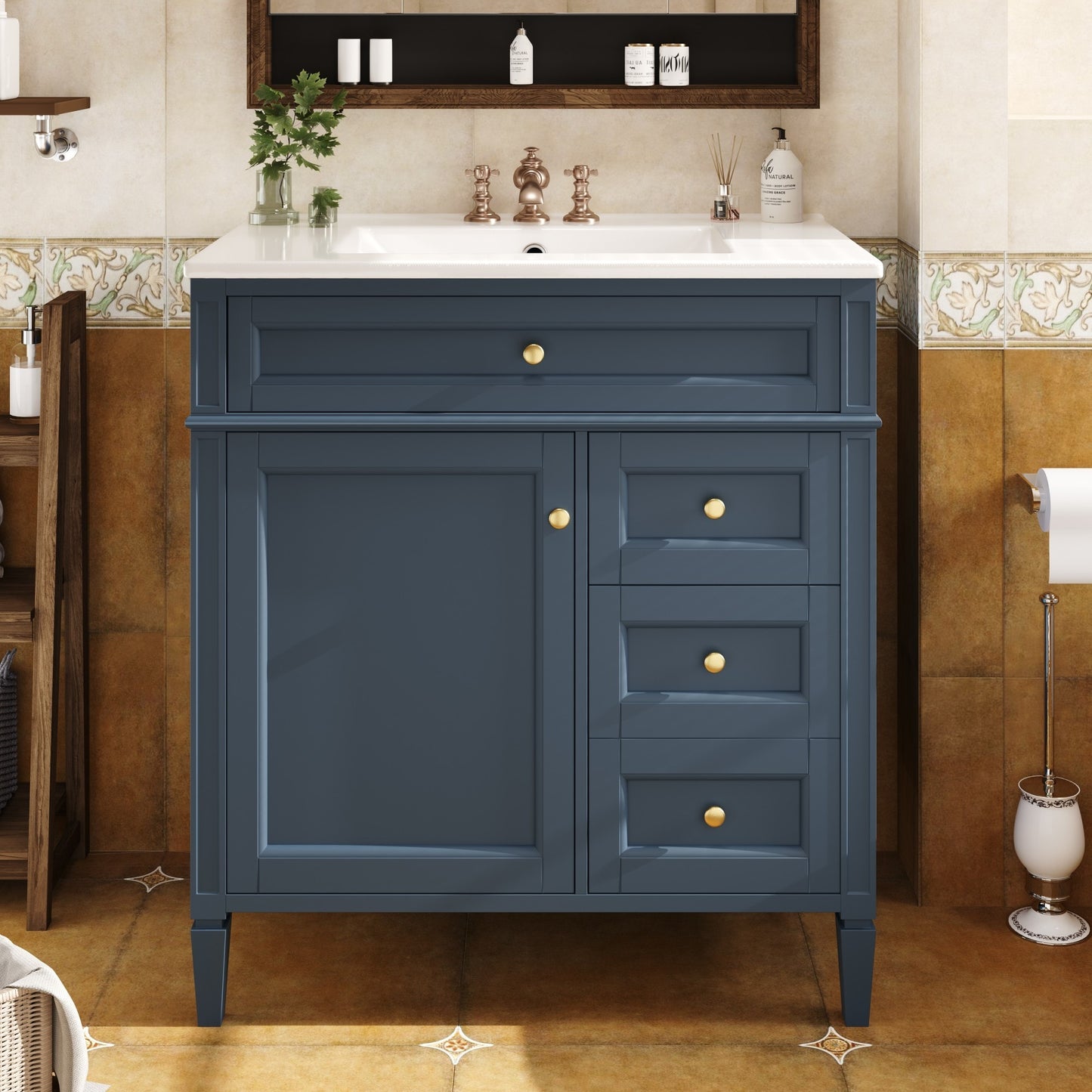 Dexmalle 30-in Blue Freestanding Single Sink Bathroom Vanity with Ceramic Sink Basin and Drawers