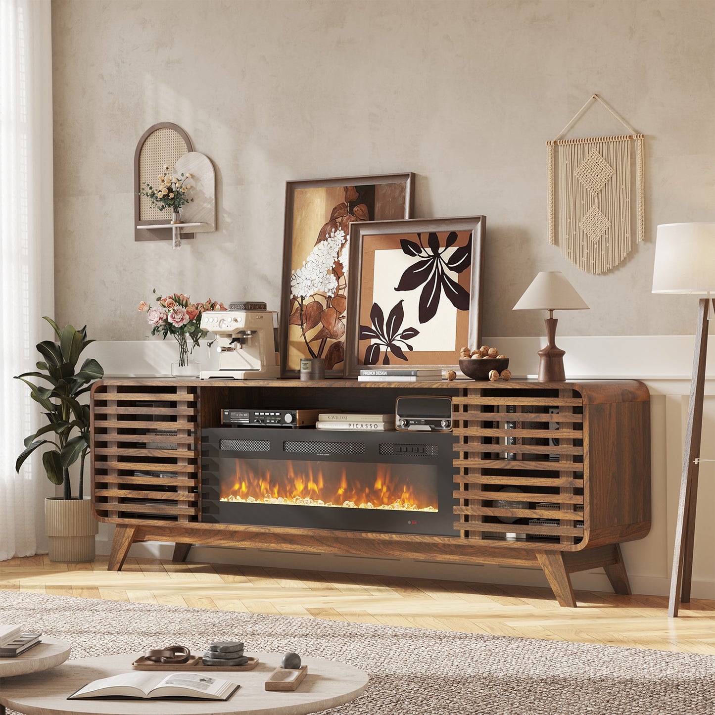 Nordivale 70 Inch Grid Fireplace TV Stand for TVs Up to 80 Inches Mid Century Modern Entertainment Center with 36 Inch Electric Fireplace and LED Lights Wooden Media Console with Slatted