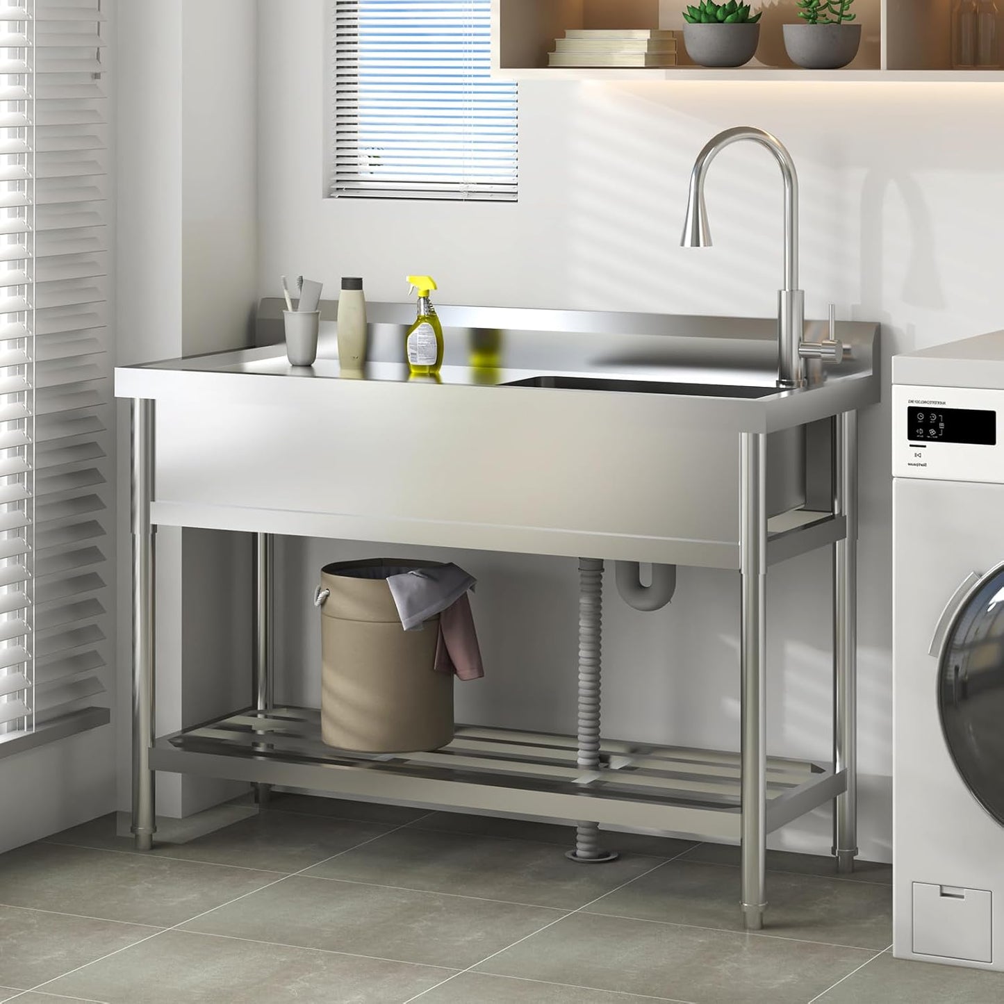 Garvee Ergonomic Kitchen Sink / Comfort/ Grip Rim Stainless Steel Easy/ Drain Design/ Stainless Steel Utility Sink/ Freestanding Single Bowl Kitchen Sink with Hot / Cold Water Faucet/ Pull/ Out Hose/ No wheels