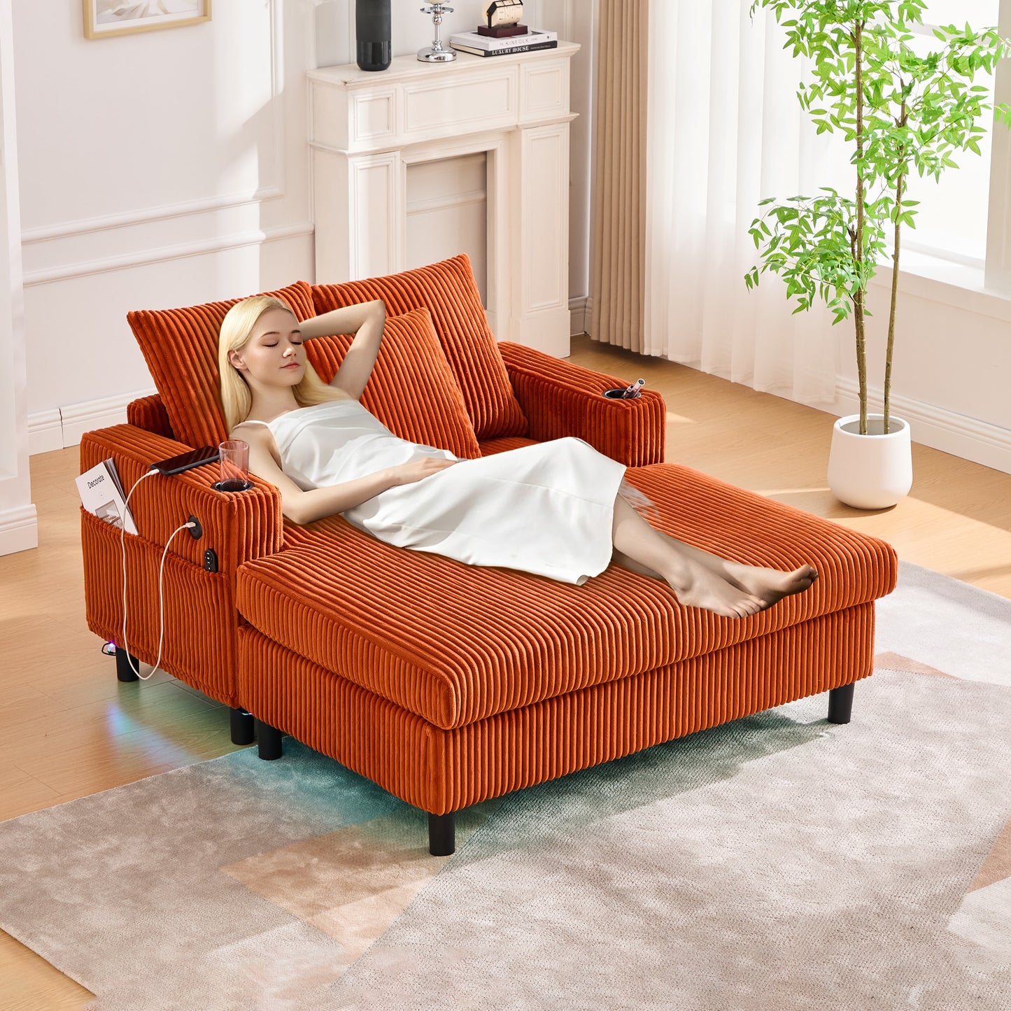 LOVMOR UNITED WE WIN Modern Corduroy Oversized Recliner Sofa Deep Seat 3 Pillows USB RGB LED