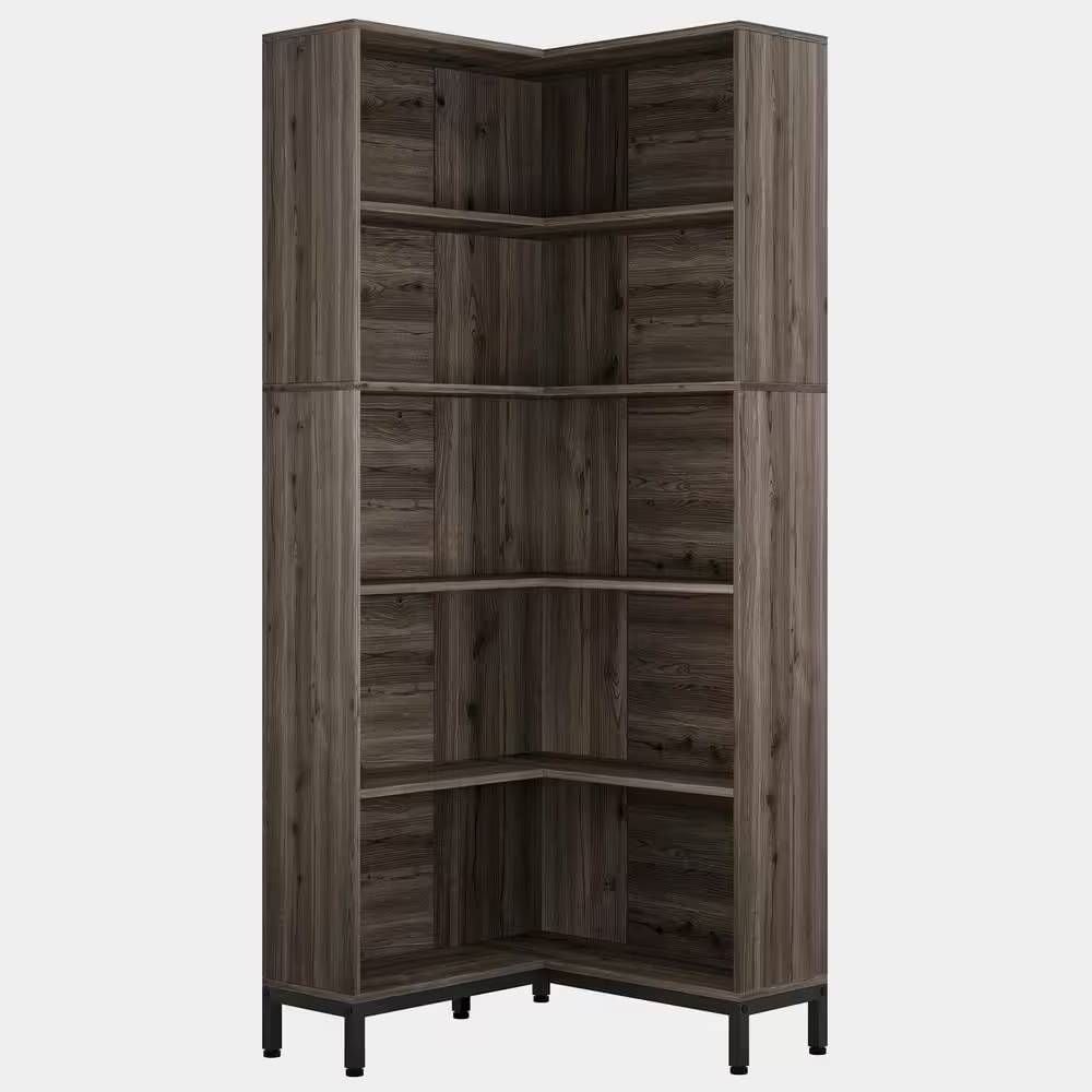 Slickblue High Corner 7-Shelf Corner Bookcase Bookshelf in Dark Gray Wood Finish for Living Room or Office- 27.56 Inch W x 71 Inch H x 27.56 Inch D