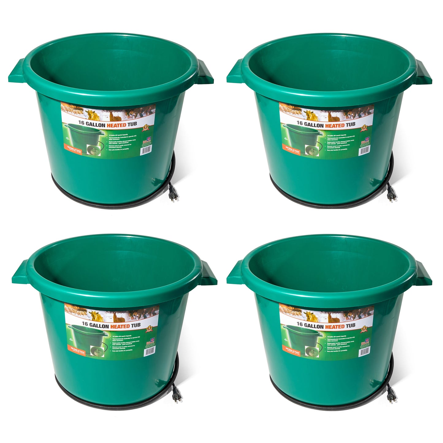 Farm Innovators 16 Gallon Plastic Heated Animal Water Bucket Tub Green (4 Pack)