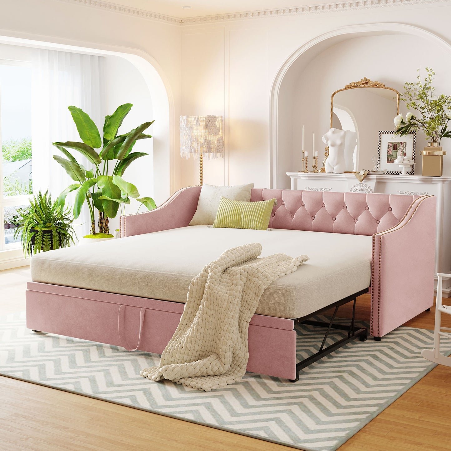 ModernLuxe Twin Size Upholstered daybed with Pop Up Trundle Pink