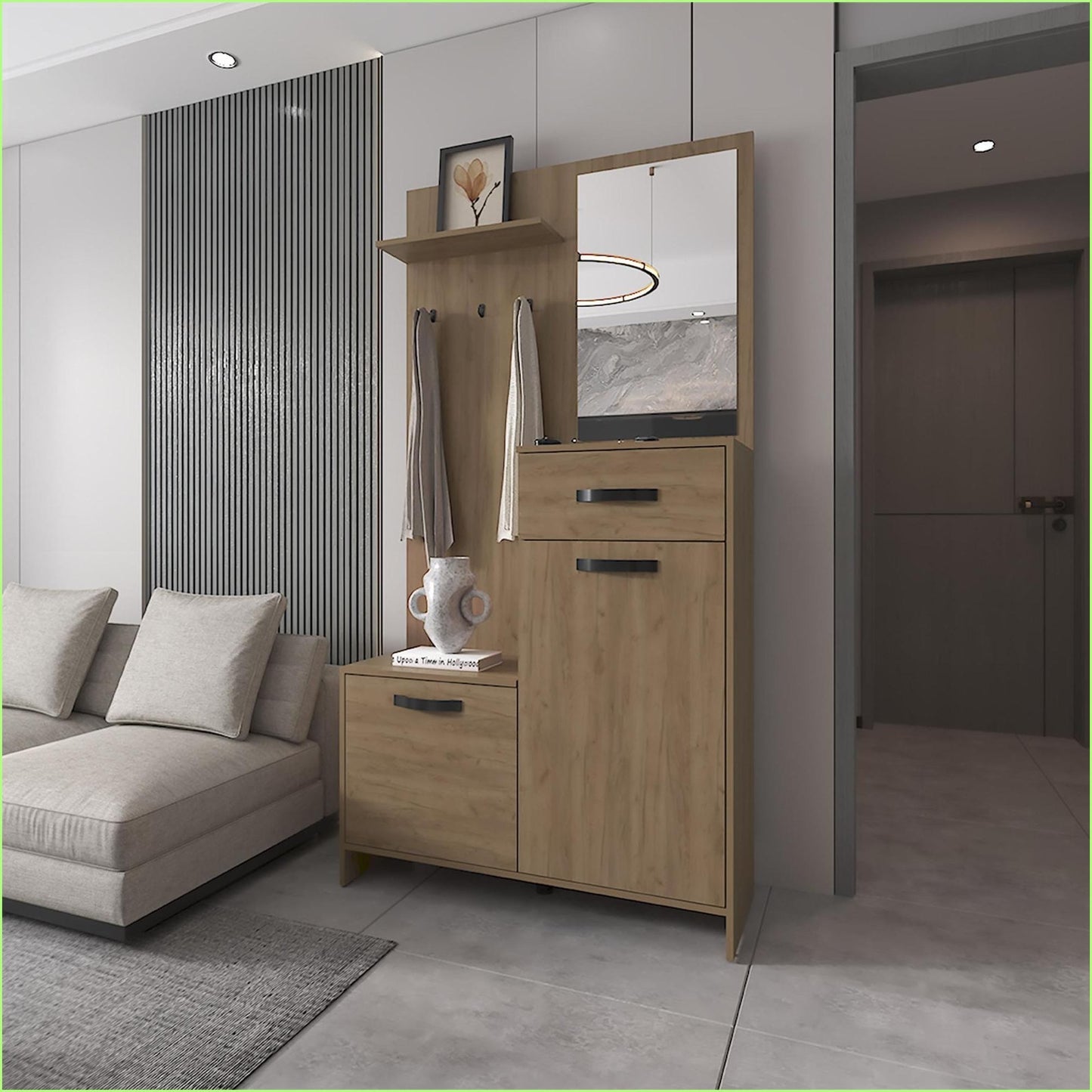 SunJet Coat Rack with Mirror Multistorage Modern Natural Oak Hall Tree Particle Board Primary Living Space