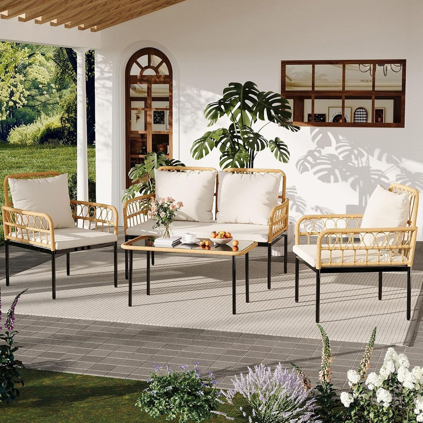 Garvee 4-Piece Rattan Patio Conversation Set with Beige Cushions