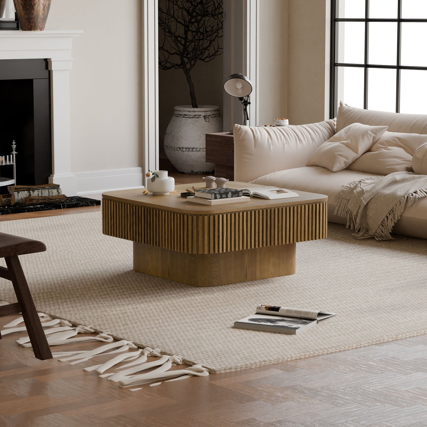 LOVMOR 32 Inch Square Coffee Table With Storage Solid Wood Veneered Modern Coffee Table Accent Tea Table For Living Room Bedroom Apartment Or Office Brown