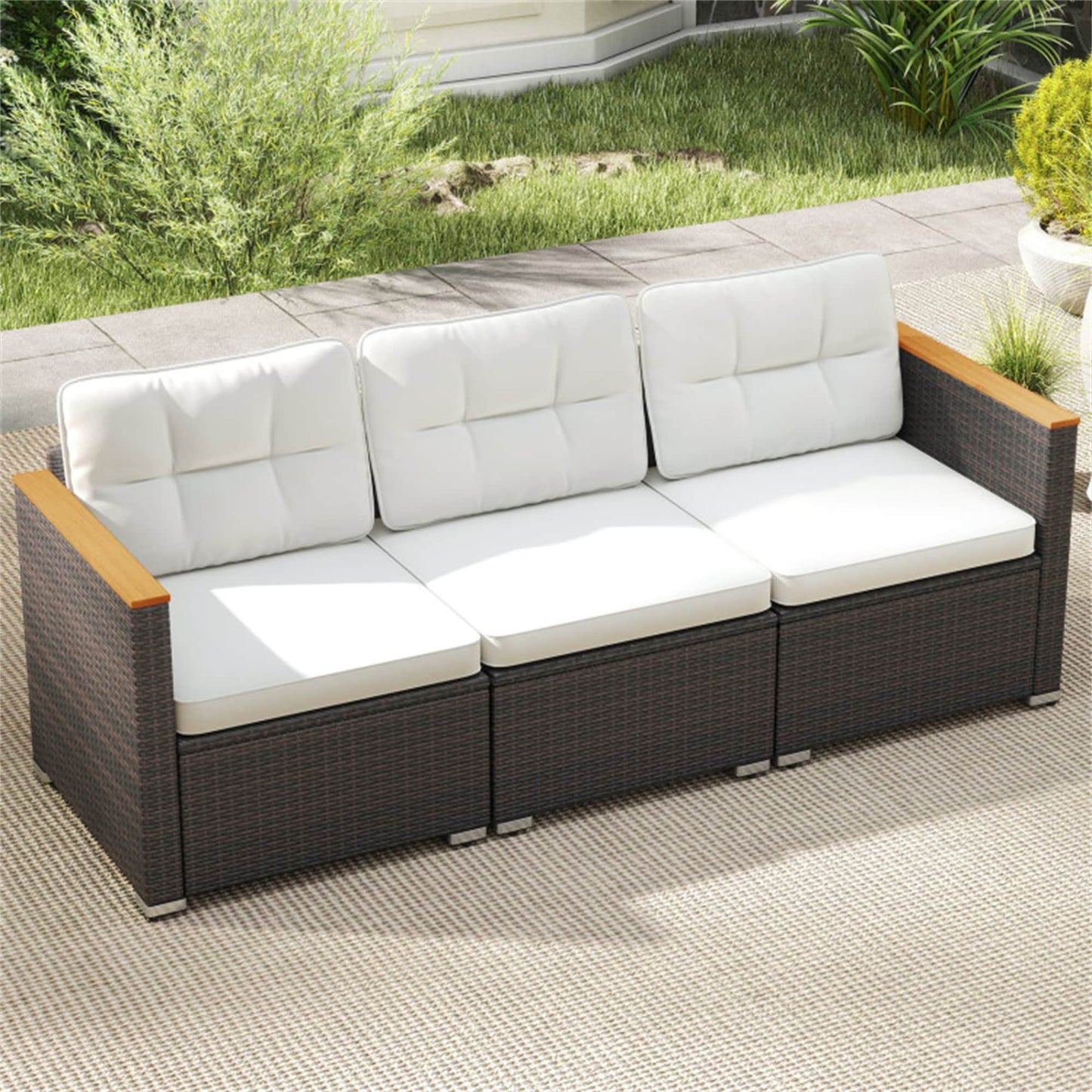 BABOOM Patio Couch Sofa with Deep Seating and Cushion 3 -Piece Rattan 3 Patio Sofa Conversation Set with Off-white Cushions