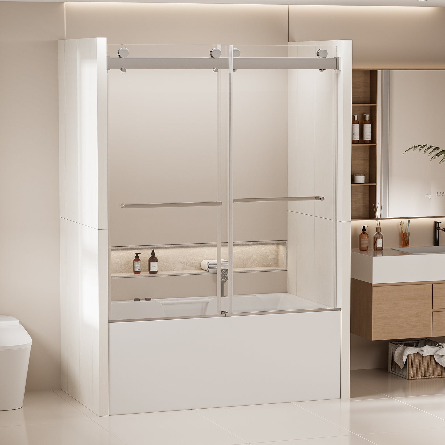 LOVMOR 56 60 In W X 62 In H Frameless Double Sliding Tub Door Bypass Tub Shower Door Soft Closing Chrome CM 24D02 T60CHX