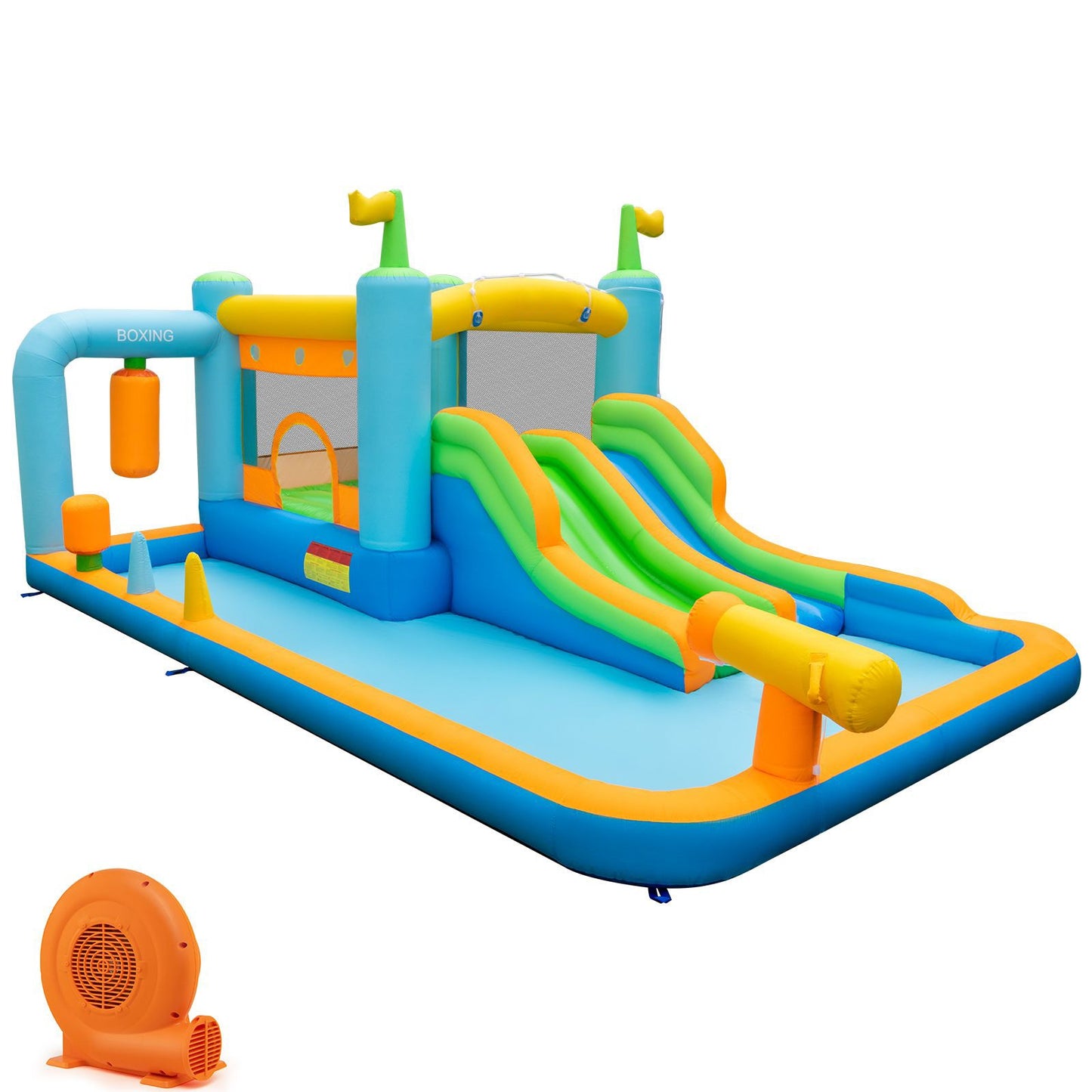 Slickblue Kids Inflatable Water Slide and Bounce House with Dual Slides Splash Pool Basketball Hoop and Blowup Sandbag for Indoor/Outdoor Play or Birthday Fun
