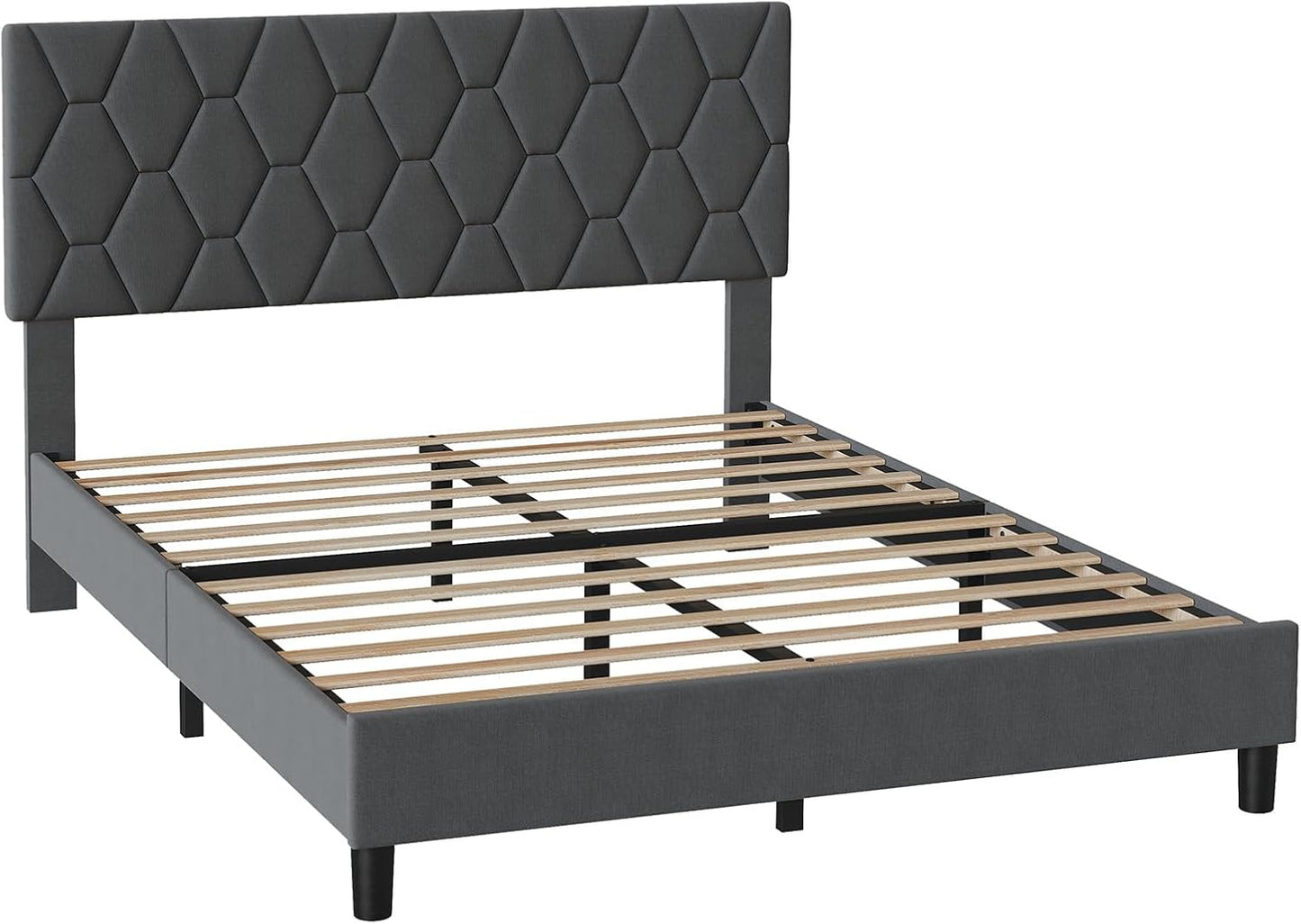 Qeetex King Bed Frame Upholstered Platform Bed Frame with Fabric Headboard Ornate Diamond Design Non-Slip Solid Wood Slats Support Noise Free Easy Assembly Grey