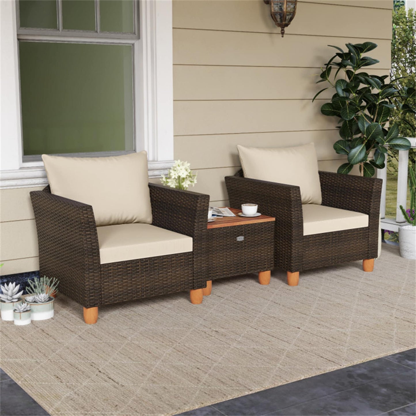 BABOOM Patio PE Rattan Furniture Set with Storage Coffee Table 3 -Piece Rattan Patio Conversation Set with Beige Cushions