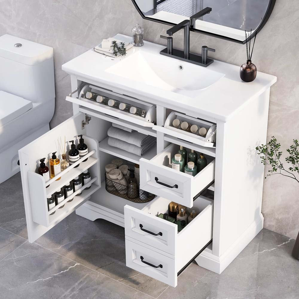 ModernLuxe 36inch Bathroom Vanity with Sink Ceramic Sink 2 Tipout Drawers Soft Close Door Hinges White