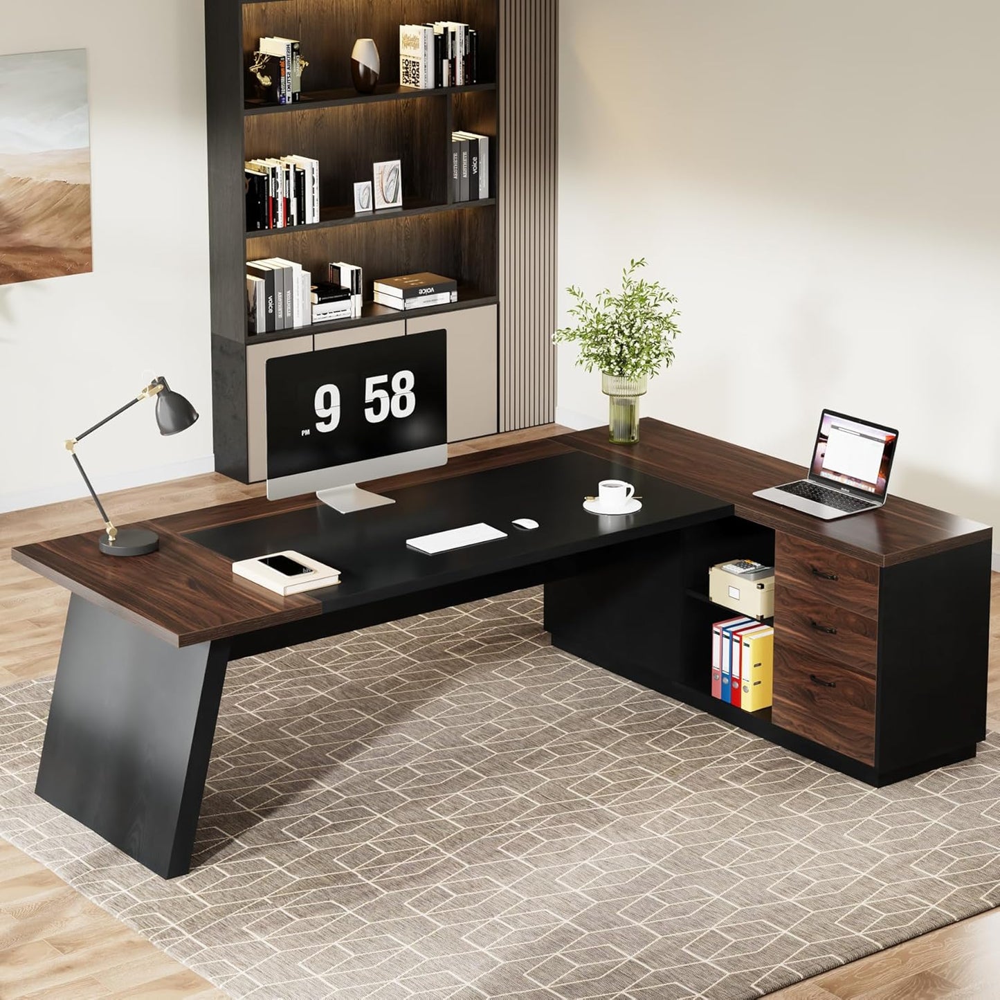 Tribesigns L Shaped Executive Desk 78 inches Modern Office Desk with Drawers and Lateral File Cabinet Large Computer Desk with Storage Shelves Workstation for Home Office Walnut and Black