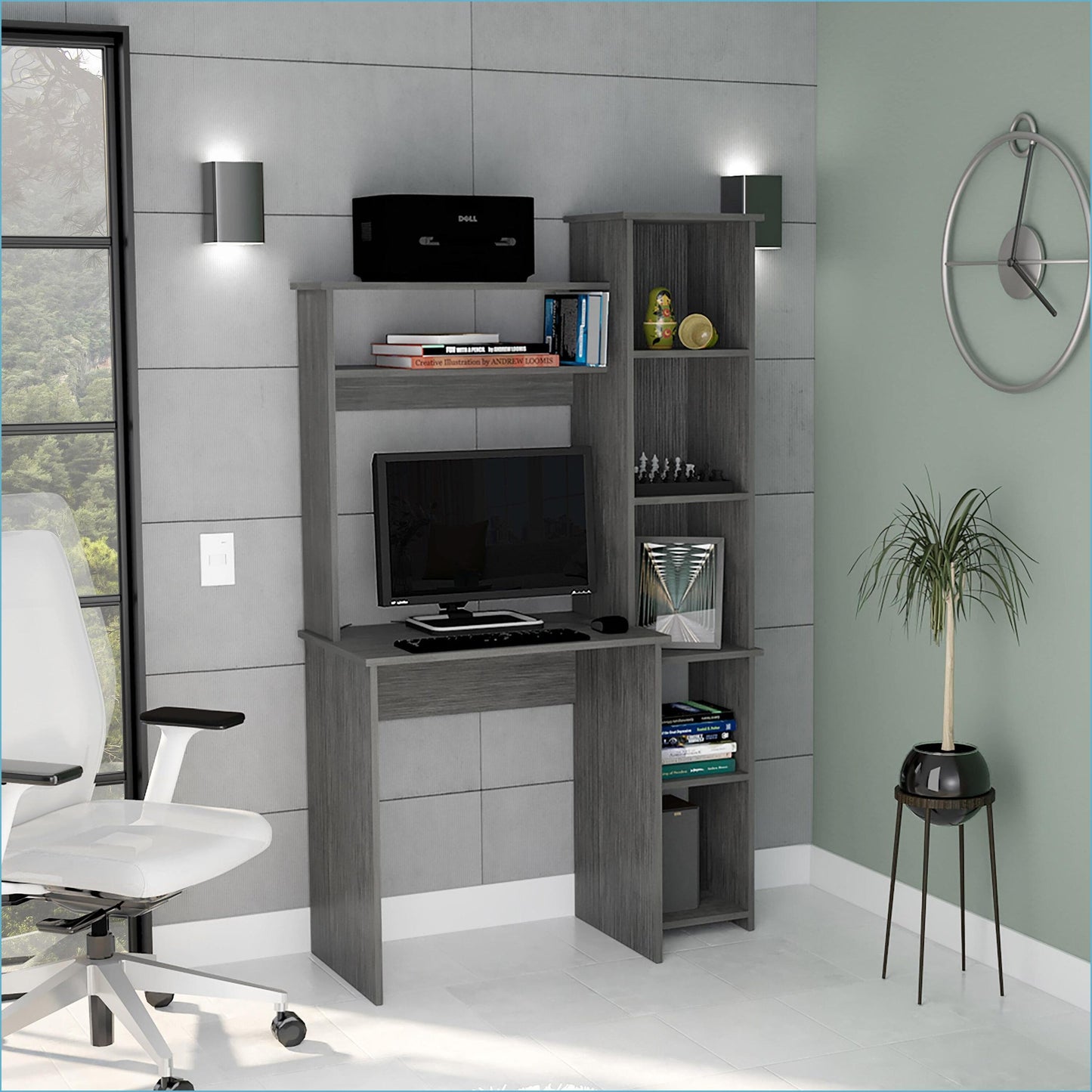 SunJet Desks Logan 5Cubby Storage Desk Smokey Oak Finish Gray Particle Board