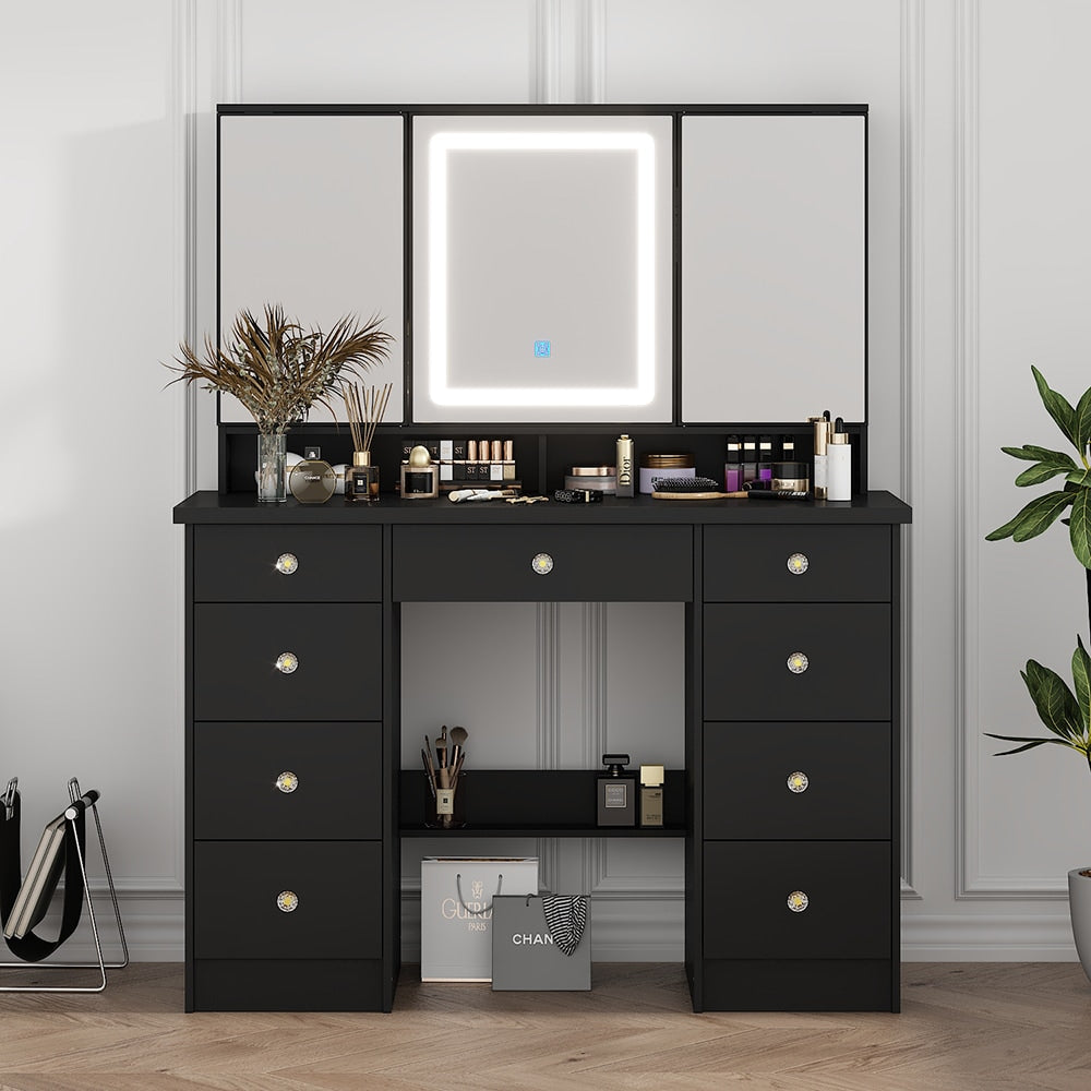 Famapy 9-Drawer Makeup Vanity with Touch Light Mirror and Adjustable Side Doors 43.3''L x 19.7''W x 53.9''H Black