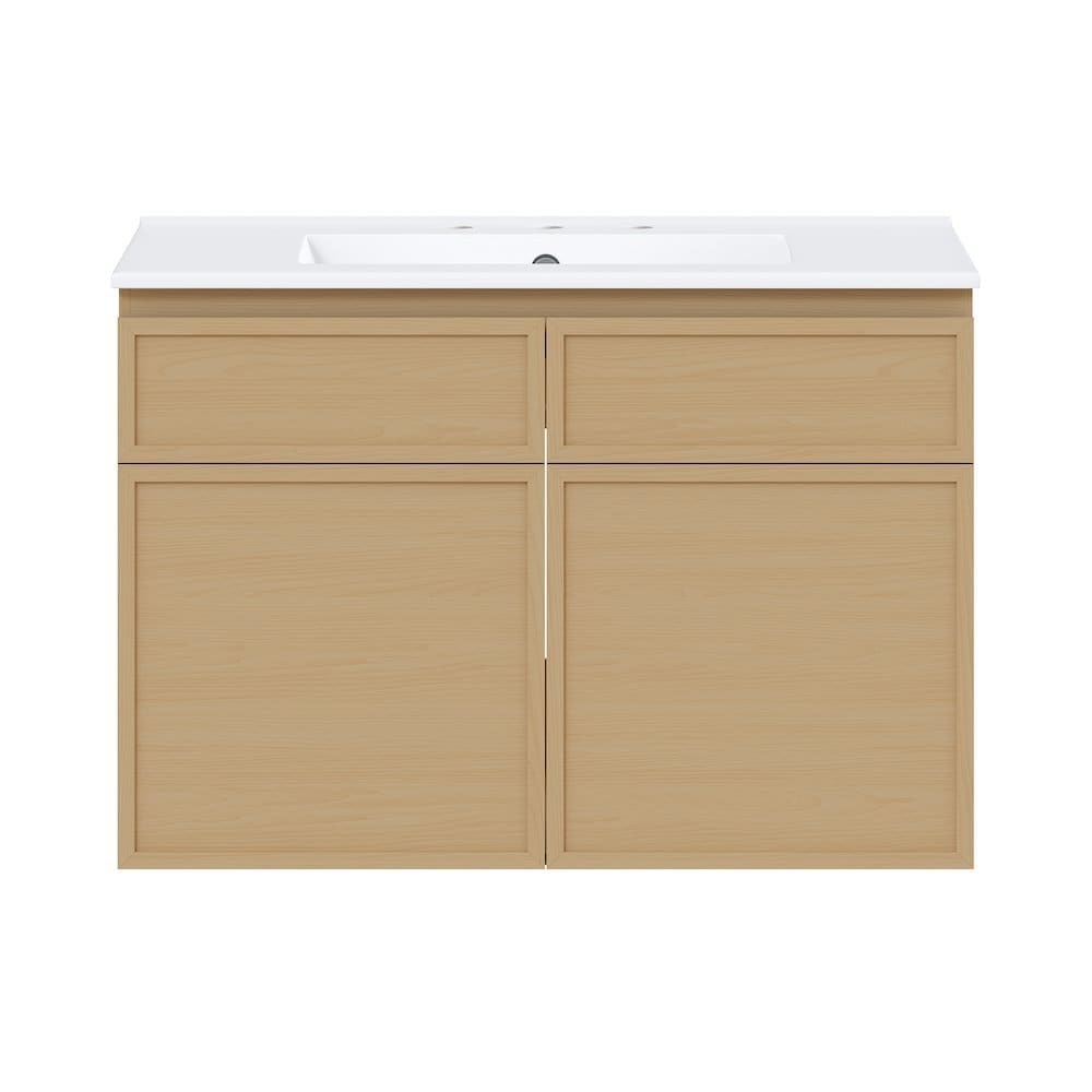 Swiss Madison 30 WallMounted Bathroom Vanity in Natural Oak with 3Hole Widespread Sink Top