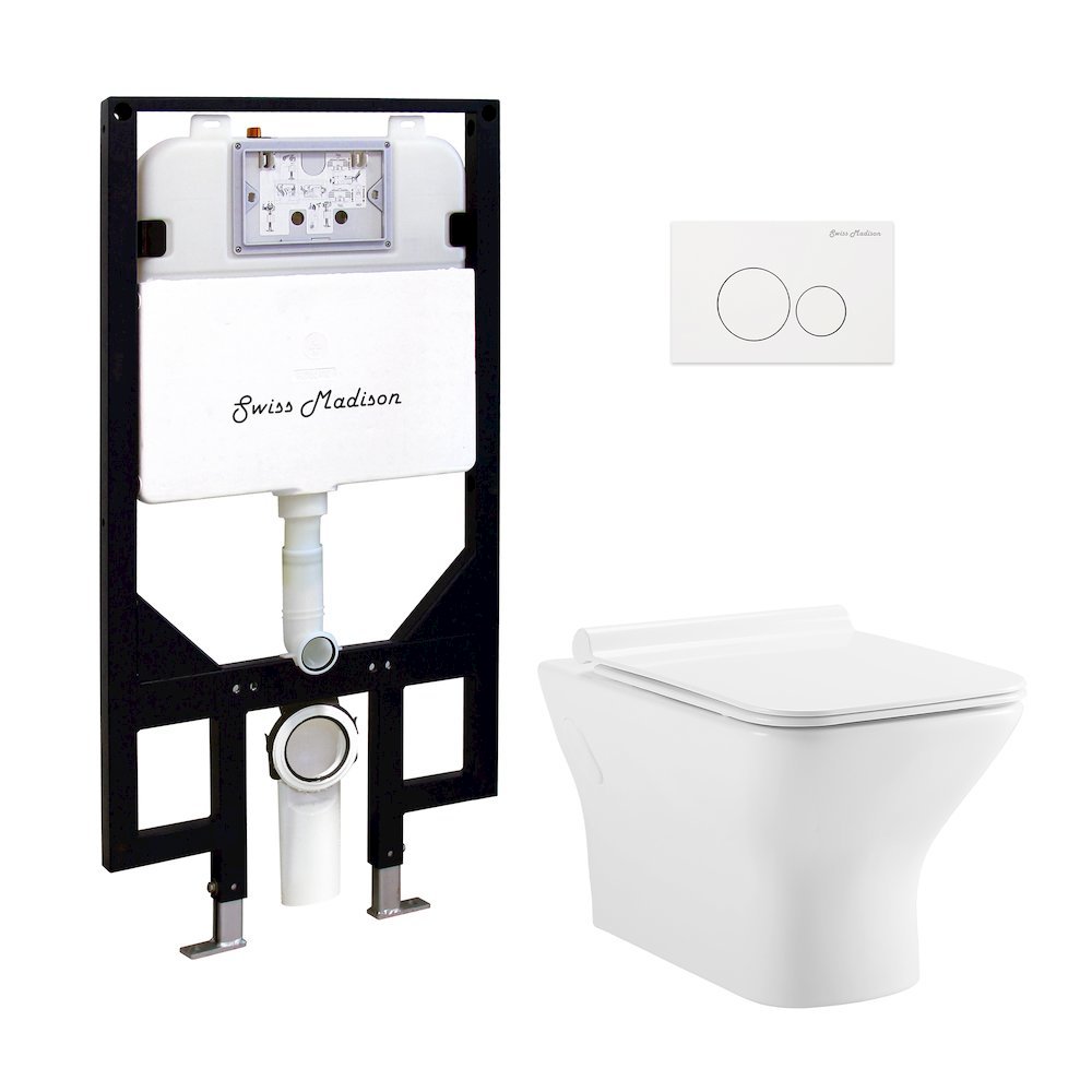 Swiss Madison Wall Hung Toilet Bundle 08 16 GPF Dual Flush Glossy White White Flush Plate