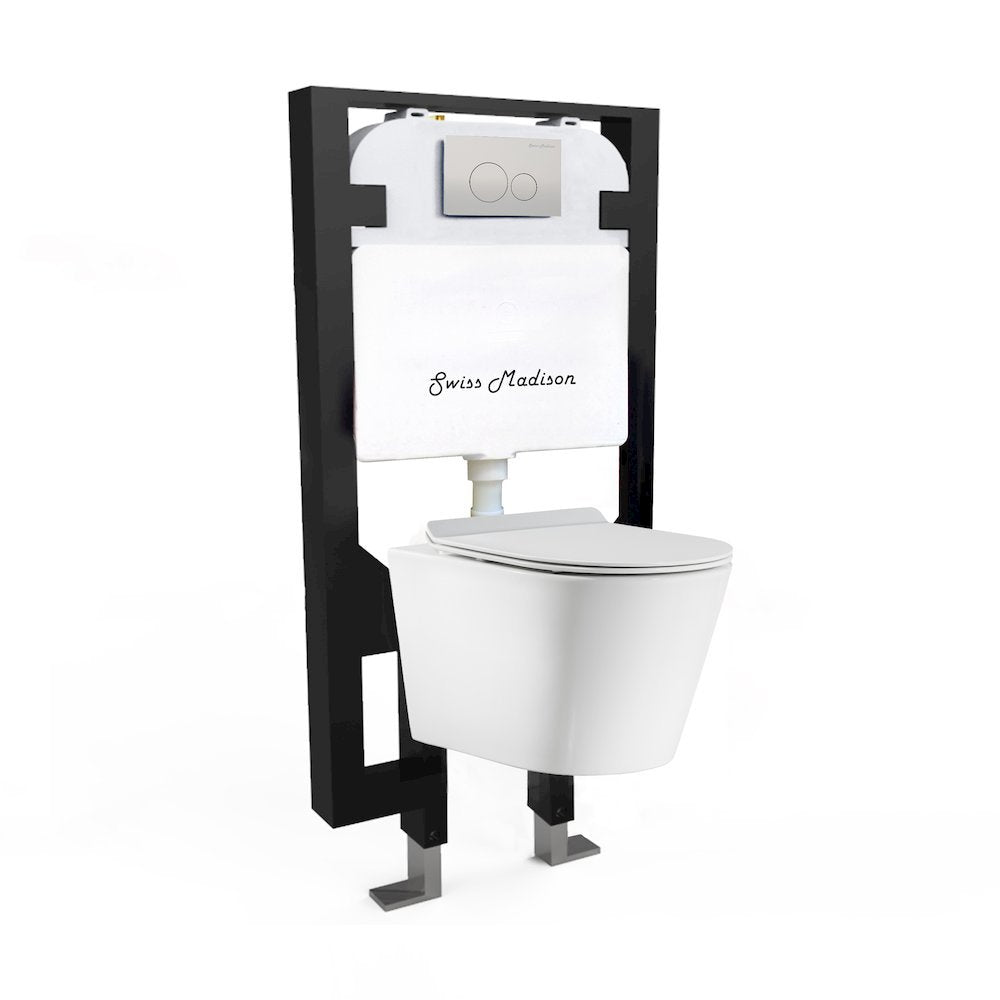 Swiss Madison Calice Wall Hung Toilet Bundle 08 16 GPF Dual Flush Glossy White Flush Plate