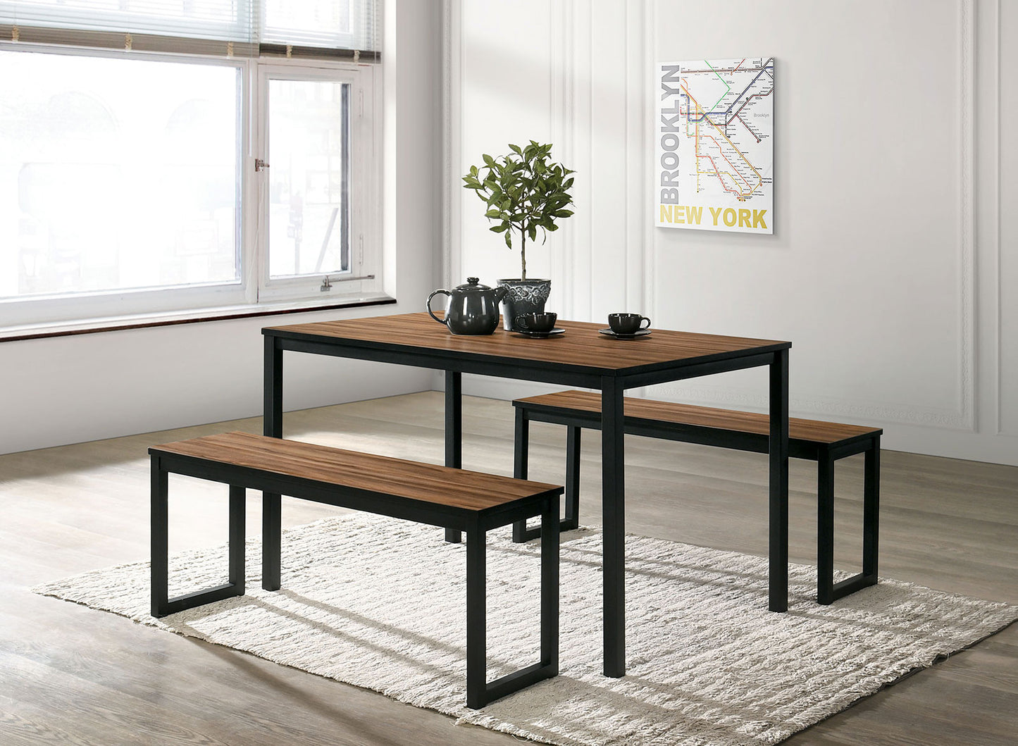 LOVMOR Industrial Style 3pc Dining Set 1x Dining Table 2x Bench U-Shape Metal Legs Wooden Top Walnut And Black Finish