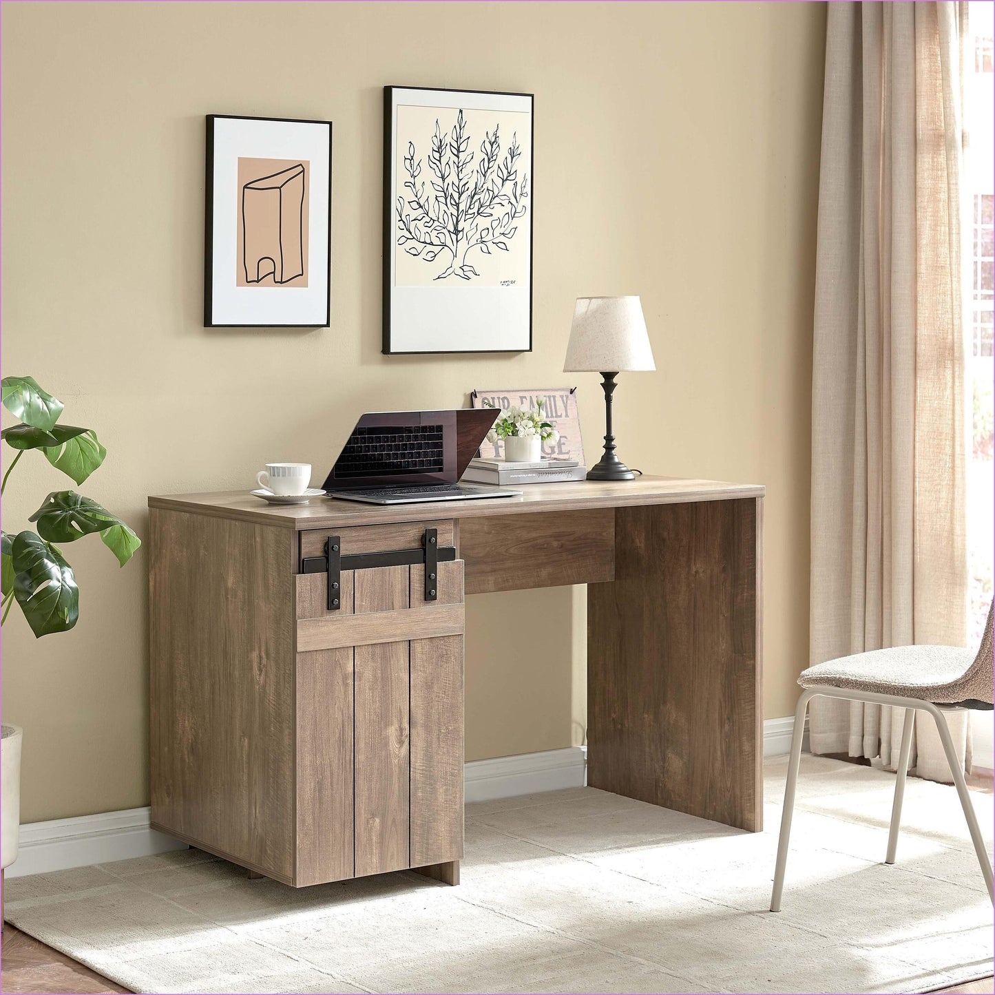 SunJet Home Office Desk Farmhouse 47.25in Wide with Faux Barn Door Storage Hazelnut Light Brown Particle BoardMDF