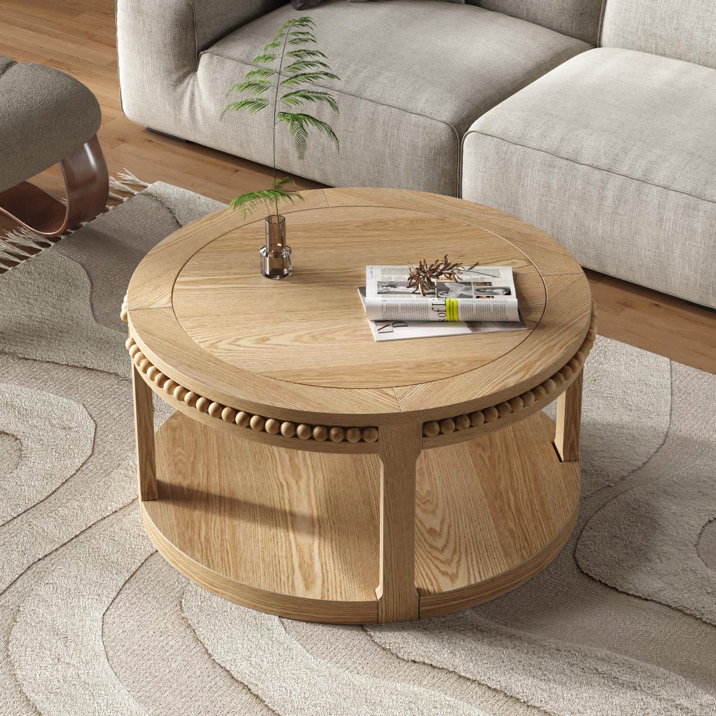 Vynxaria 32 Inch Round Solid Wood Coffee Table Two Tier Thickened Top Sturdy Legs Elegant Lacquer Finish Natural Wood Circle Table For Living Room