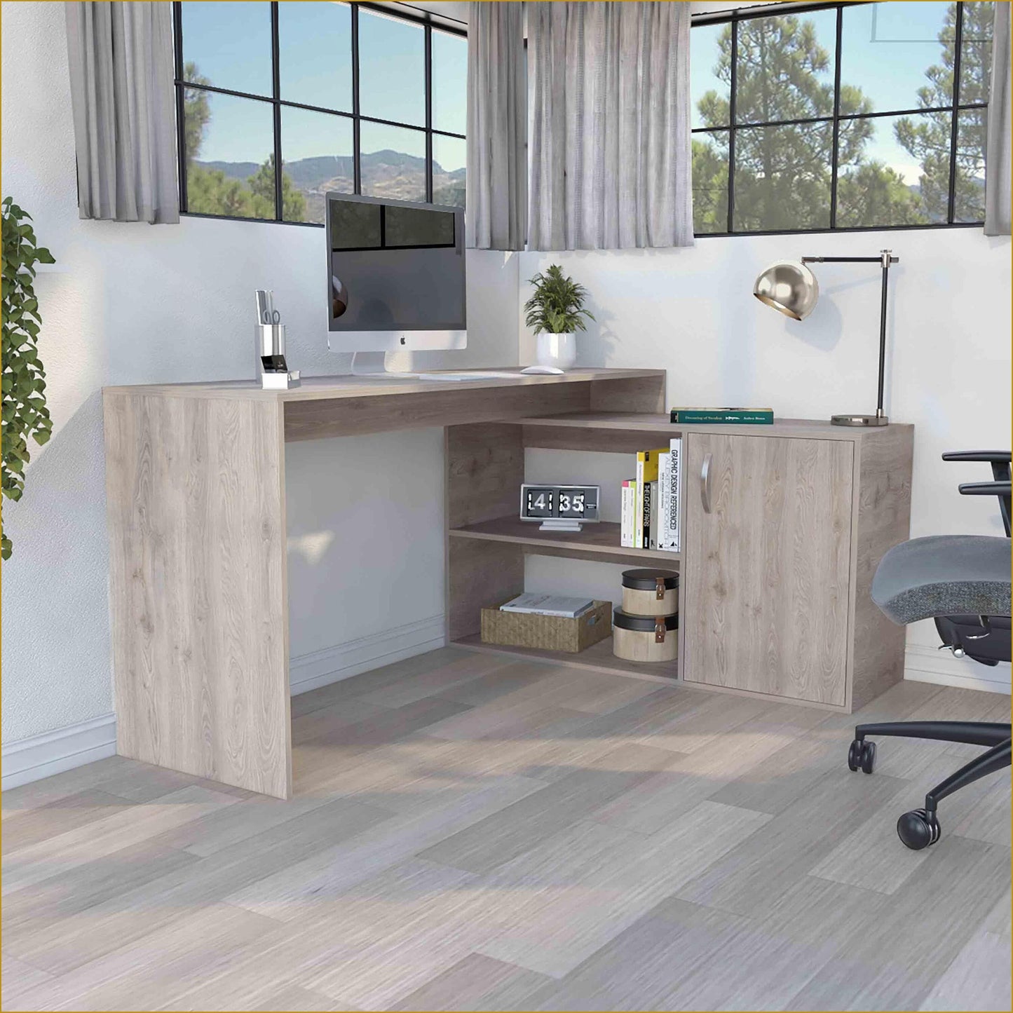 SunJet Desks Modern L Shaped Computer Desk with Open Closed Storage 59 in Work Surface Light Gray Particle Board Right Return