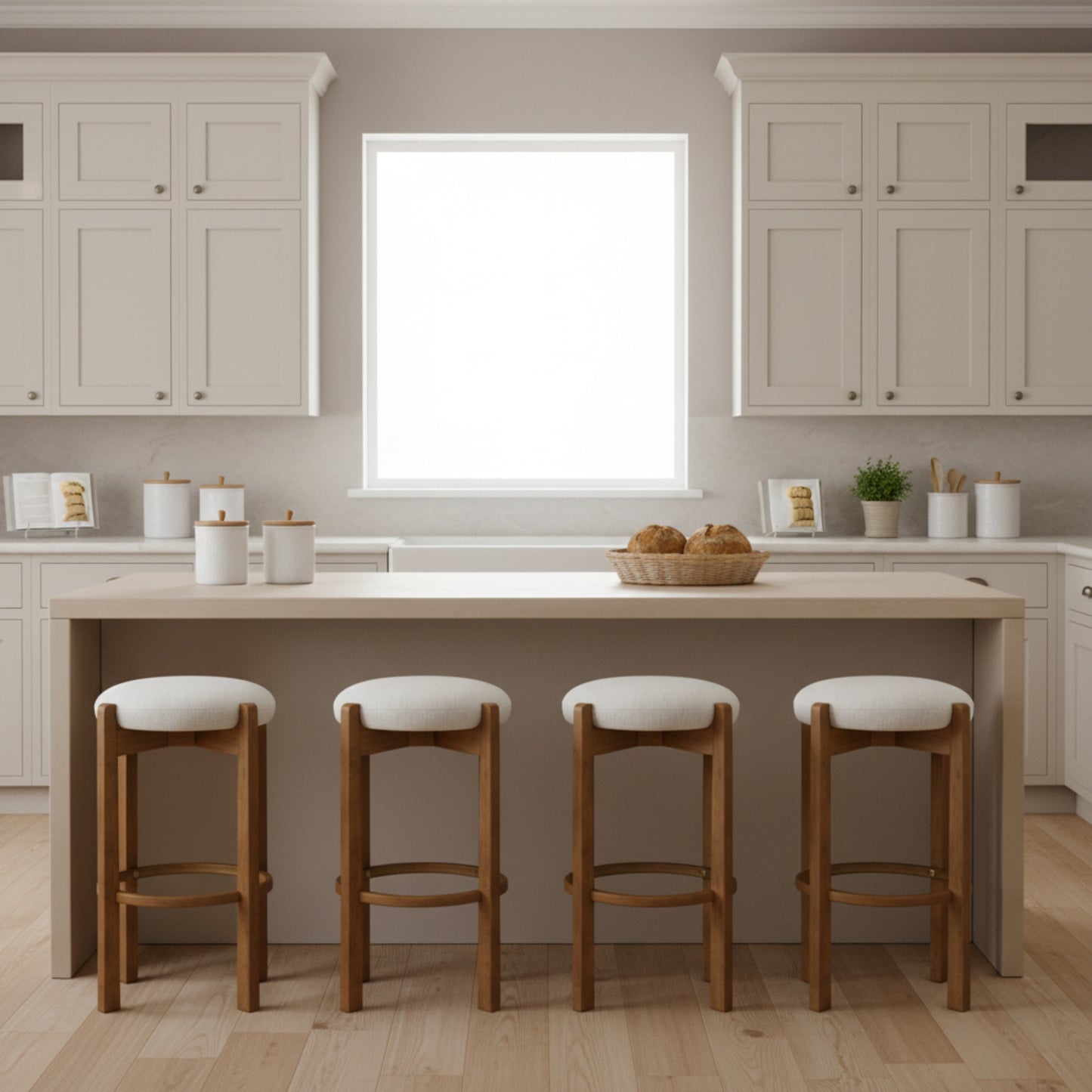 ModernLuxe Tara Indoor Wooden Upholstered Barstool Walnut Finish and Ivory Upholstery Set of 4