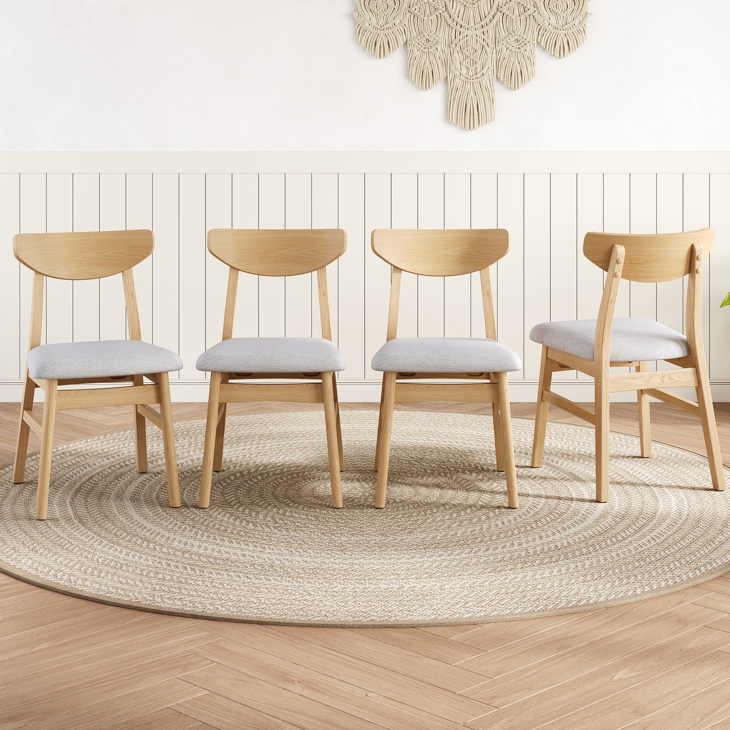 ModernLuxe 4 Piece Modern Scandinavian Chairs - Curved Wood Backrest and Gray Fabric Seat Natural Finishes for Living Room Dining Room Easy to Assemble