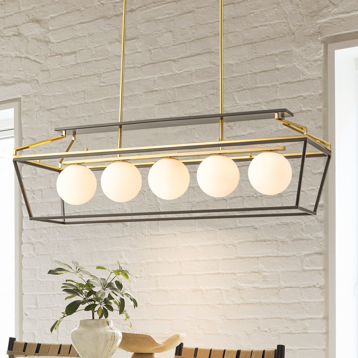 Y'INSP Aiwen 5 -Light Matte Black Vintage Opal glass Geometric Large Hanging Kitchen island light