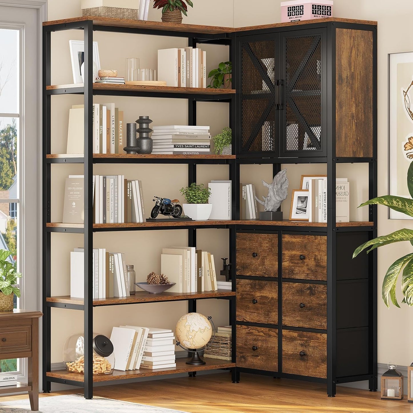 HAUOMS Corner Bookshelf, 6 Tier Industrial Convertible Bookshelf with 6 Fabric Drawers, Corner Bookcase Large L Shaped Storage Display Shelf for Home Office, Living Room, Kitchen, Rustic Brown